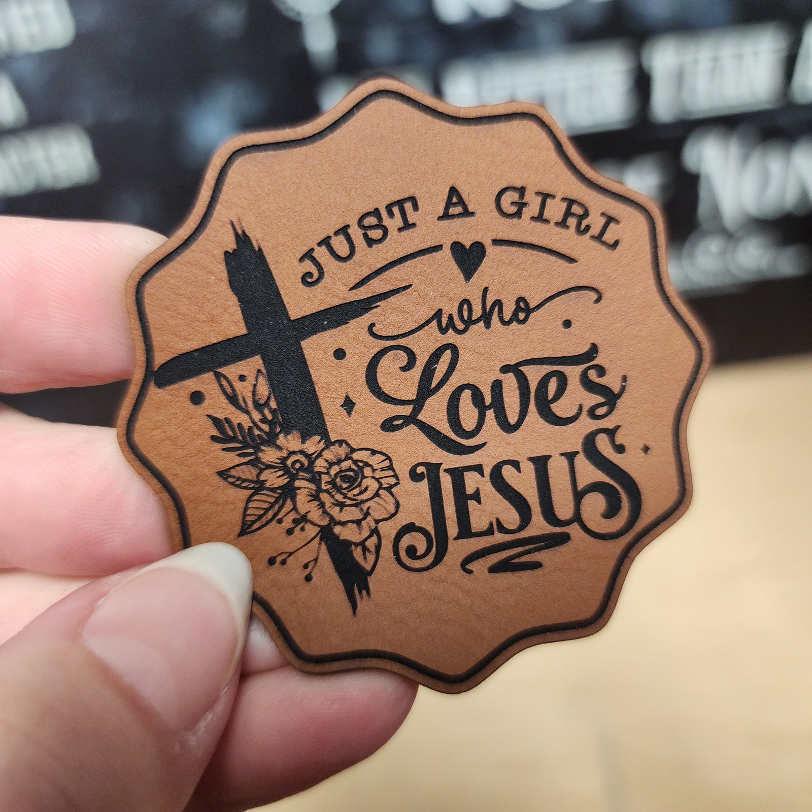 Just a Girl Who Loves Jesus leatherette hat patch with floral design and cross, perfect for Christian accessories.