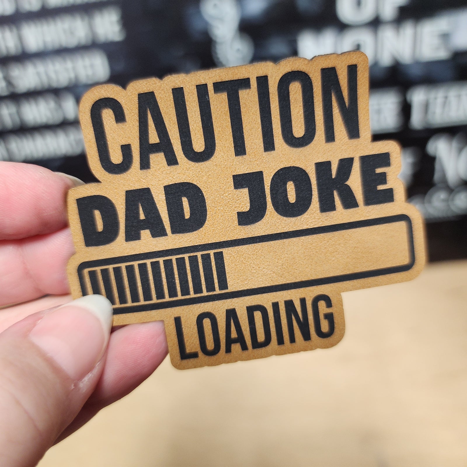 Caution Dad Joke Loading leatherette hat patch for funny gifts or accessories, perfect for dads with humor.