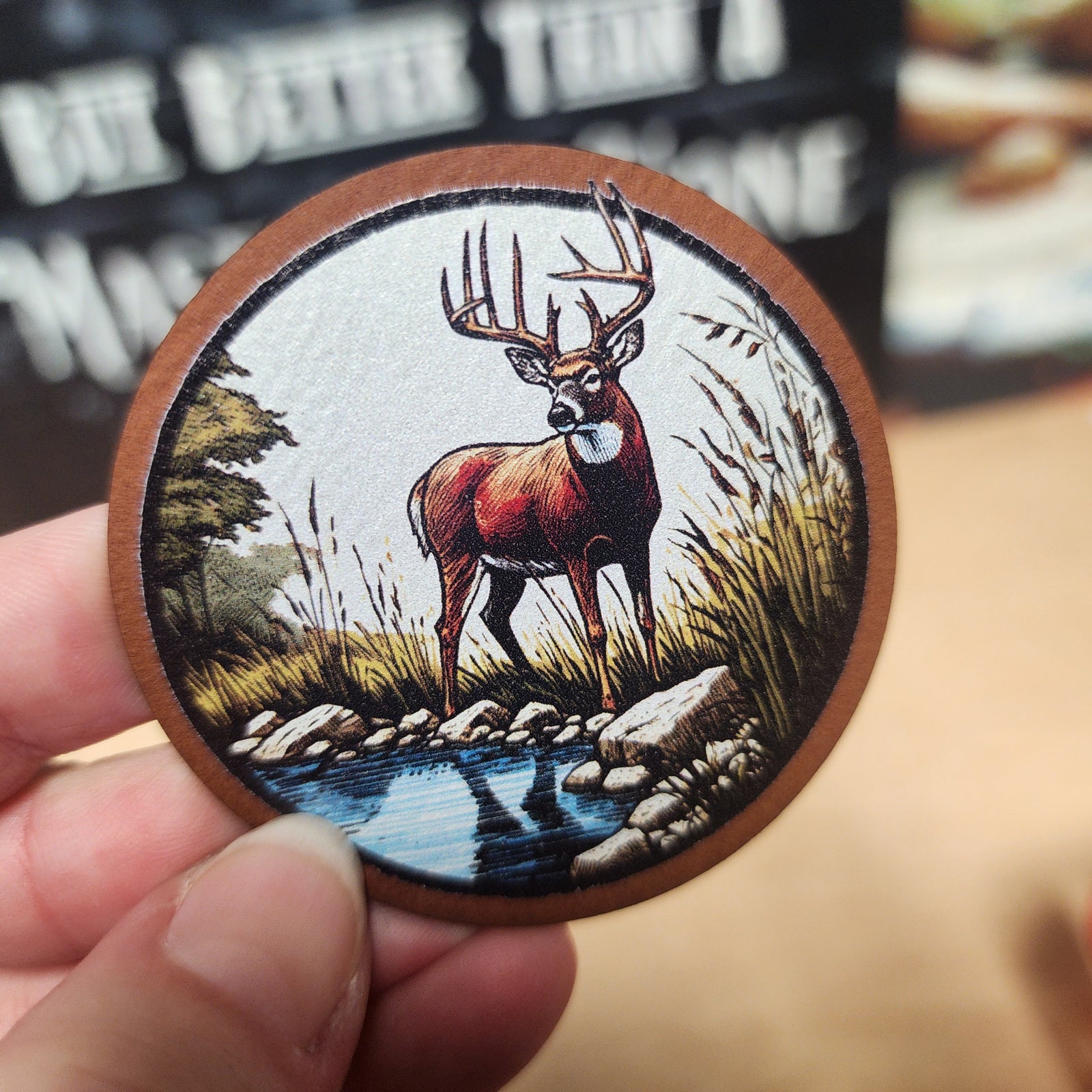 Majestic deer leatherette hat patch, perfect for outdoor enthusiasts and wildlife lovers looking for stylish accessories.