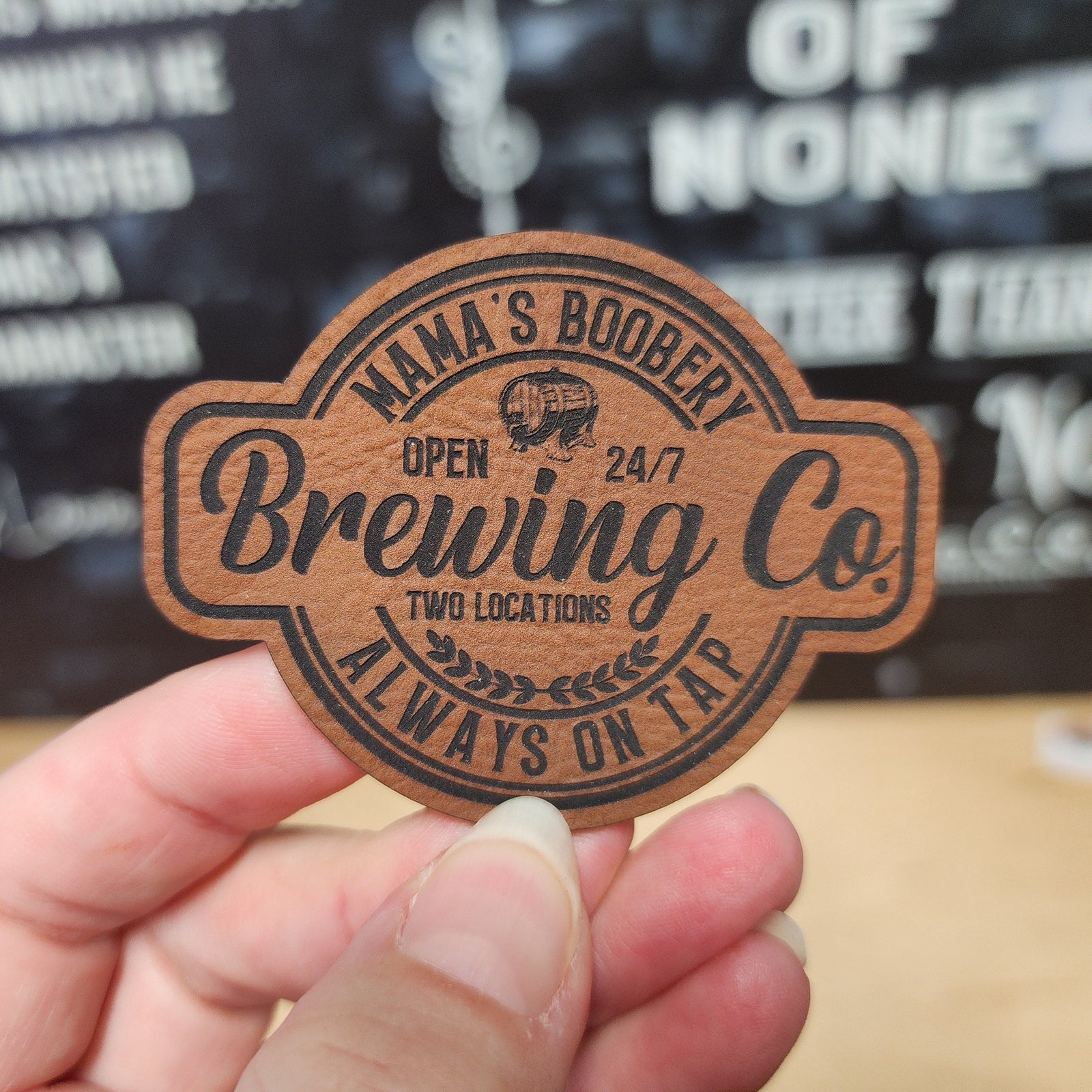 Mama's Boobery Brewing Co. leatherette hat patch, perfect for craft beer lovers and brewery enthusiasts.