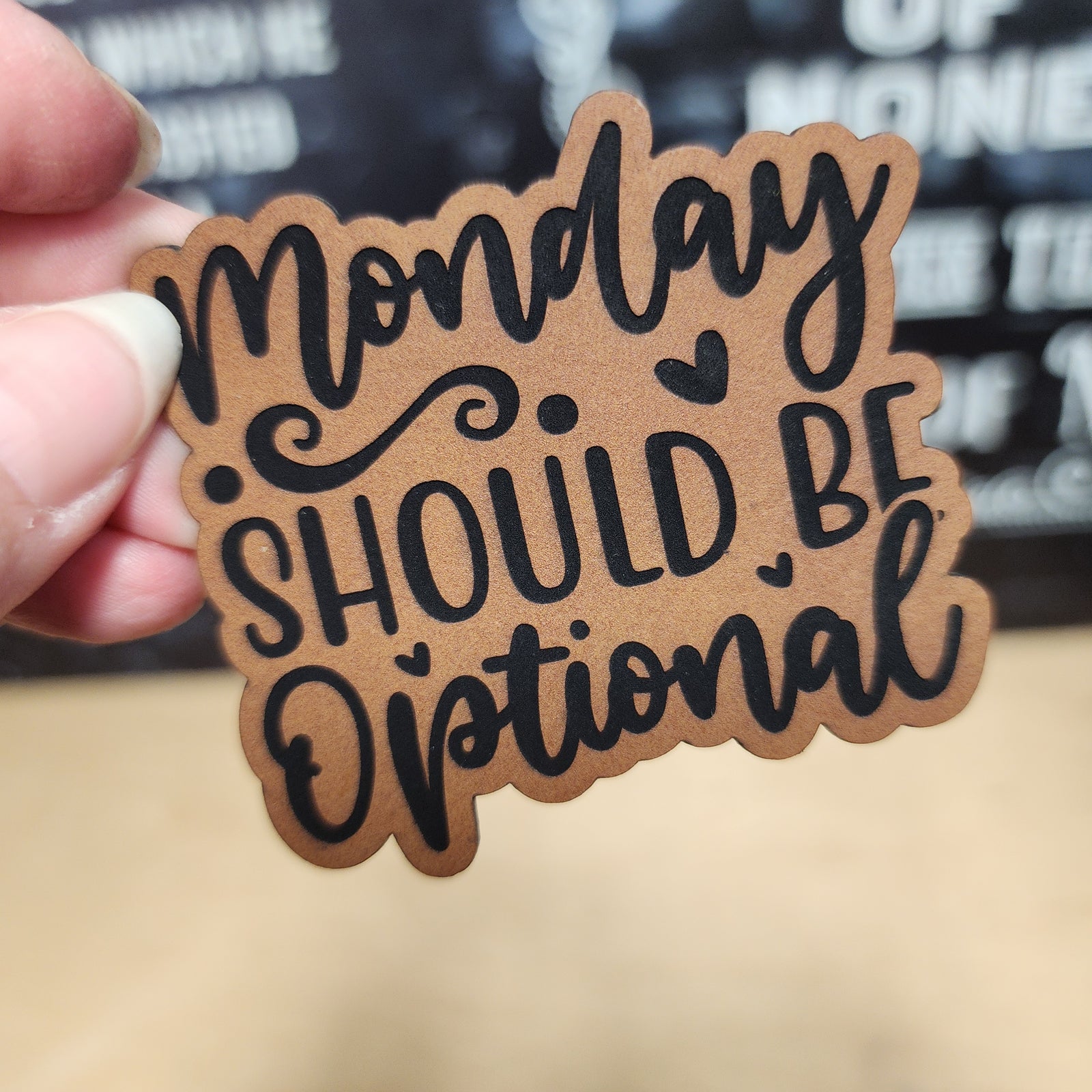 Monday Should Be Optional leatherette hat patch perfect for casual wear and fun accessories.