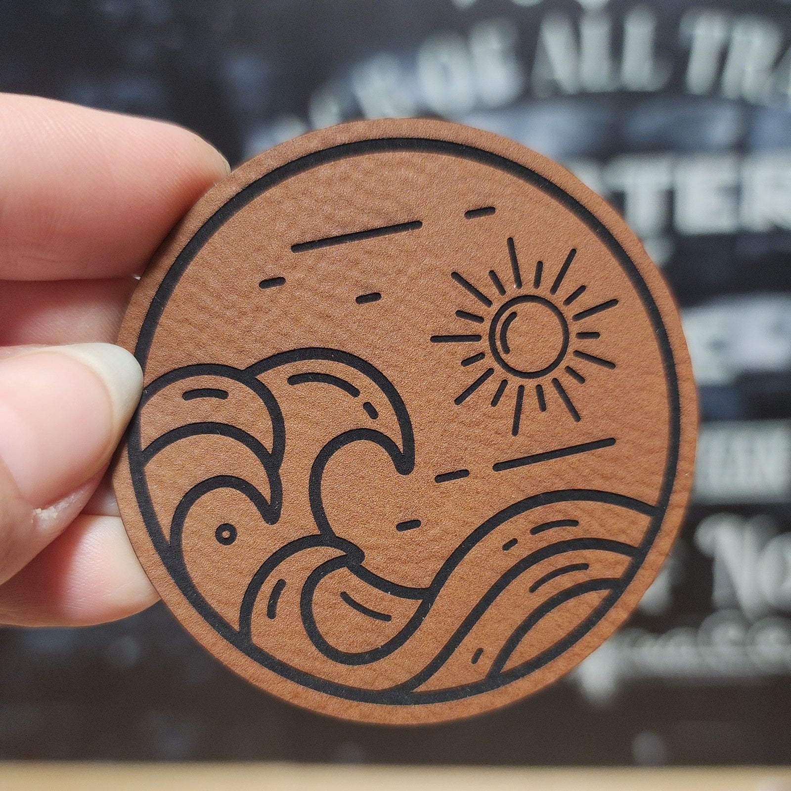 Ocean waves leatherette hat patch featuring sun design, perfect for beach lovers and outdoor enthusiasts.
