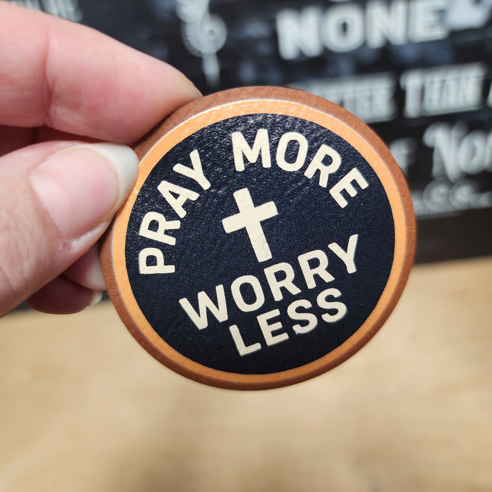 Christian leatherette hat patch with 'Pray More Worry Less' message, perfect for faith-inspired accessories.