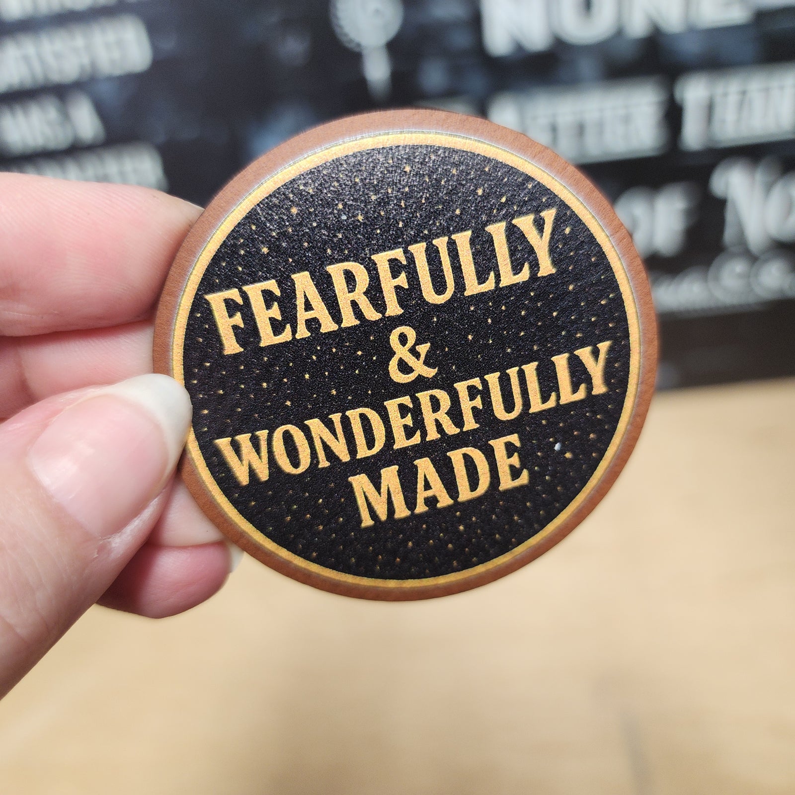 Fearfully and Wonderfully Made leatherette hat patch for inspirational headwear and accessory enthusiasts.