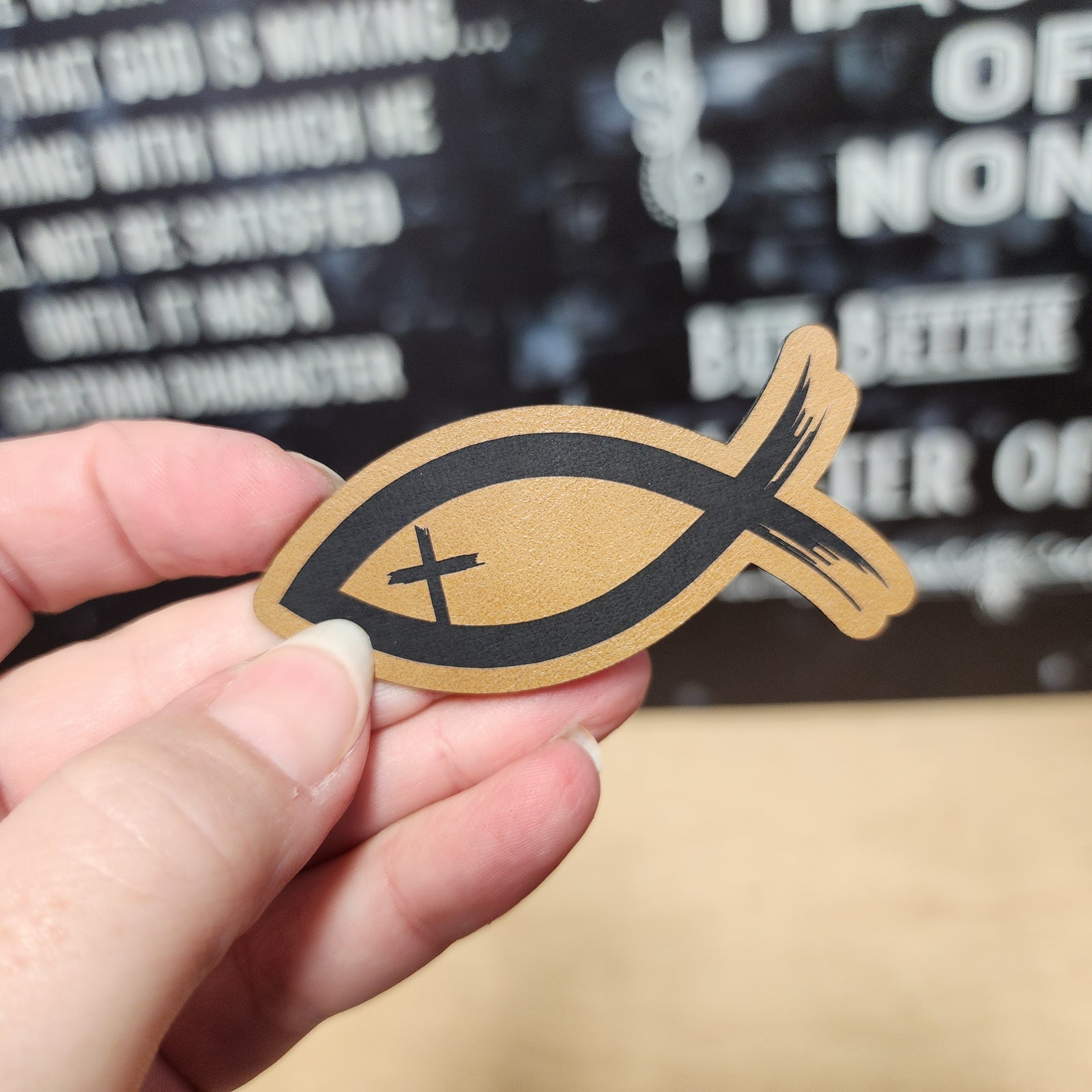 Leatherette fish symbol hat patch with cross design, perfect for Christian-themed accessories and apparel.