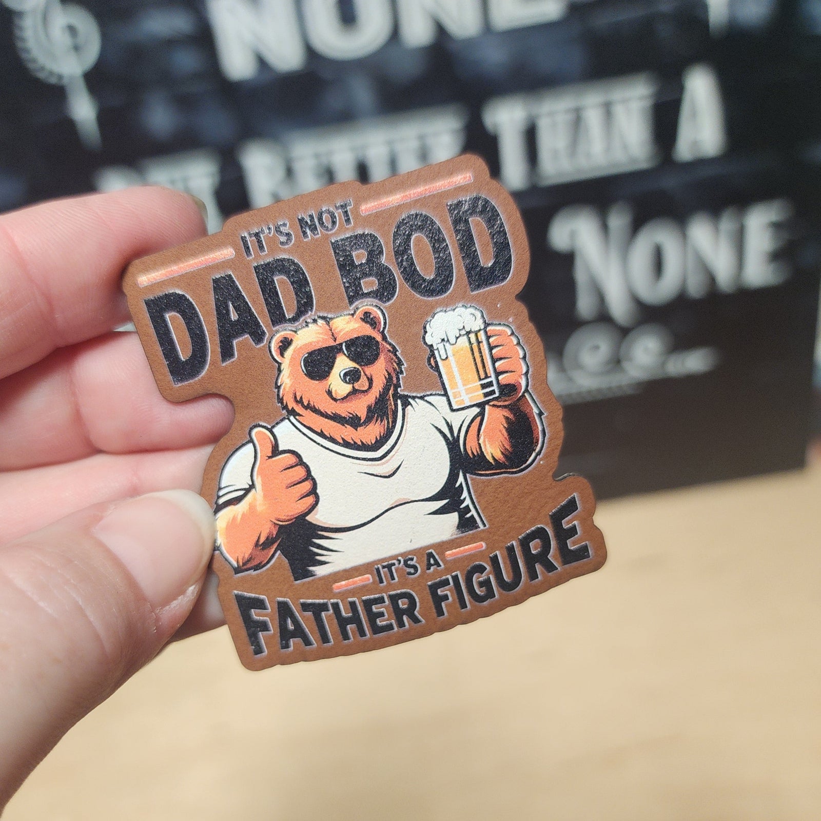 Dad Bod leatherette hat patch featuring a cool bear with beer, perfect for Father's Day gifts and outdoor adventures.