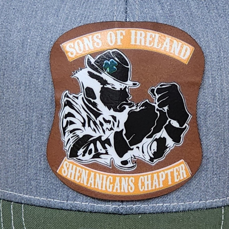 Sons of Ireland Shenanigans Chapter leatherette hat patch for Irish pride and celebration events.