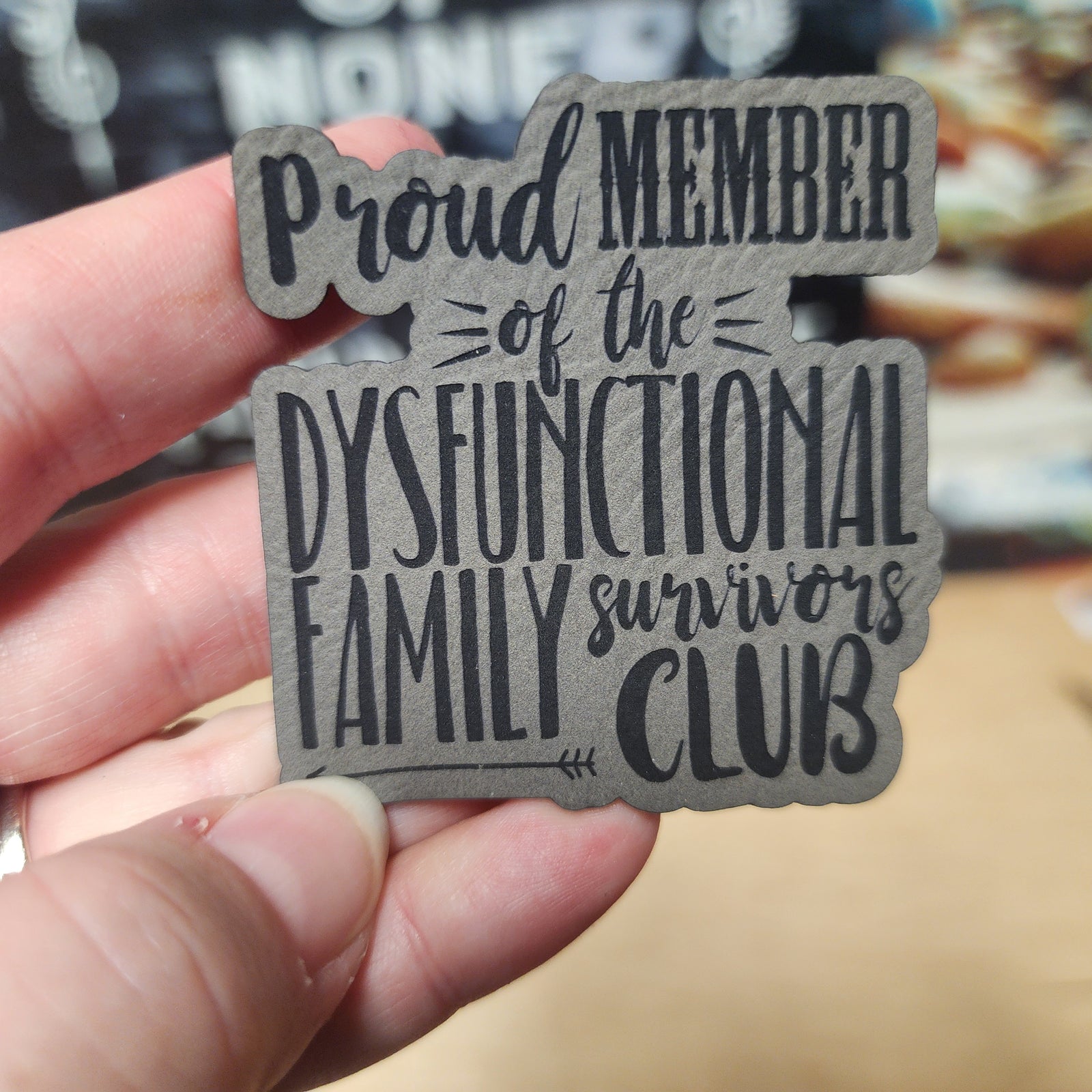 Dysfunctional Family Club leatherette hat patch, perfect for family-themed gifts and quirky accessories.