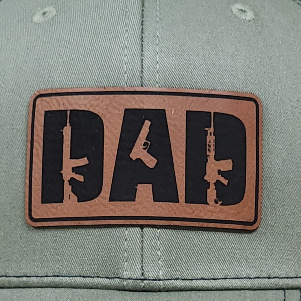 Dad leatherette hat patch with firearm silhouettes, unique gift for hunting or military enthusiasts.