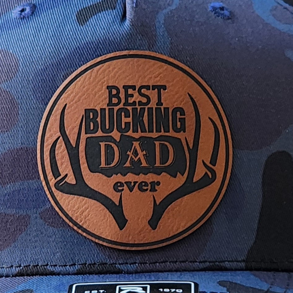 Best Bucking Dad leatherette hat patch, perfect gift for outdoor dads, stylish camo cap accessory for father's day.
