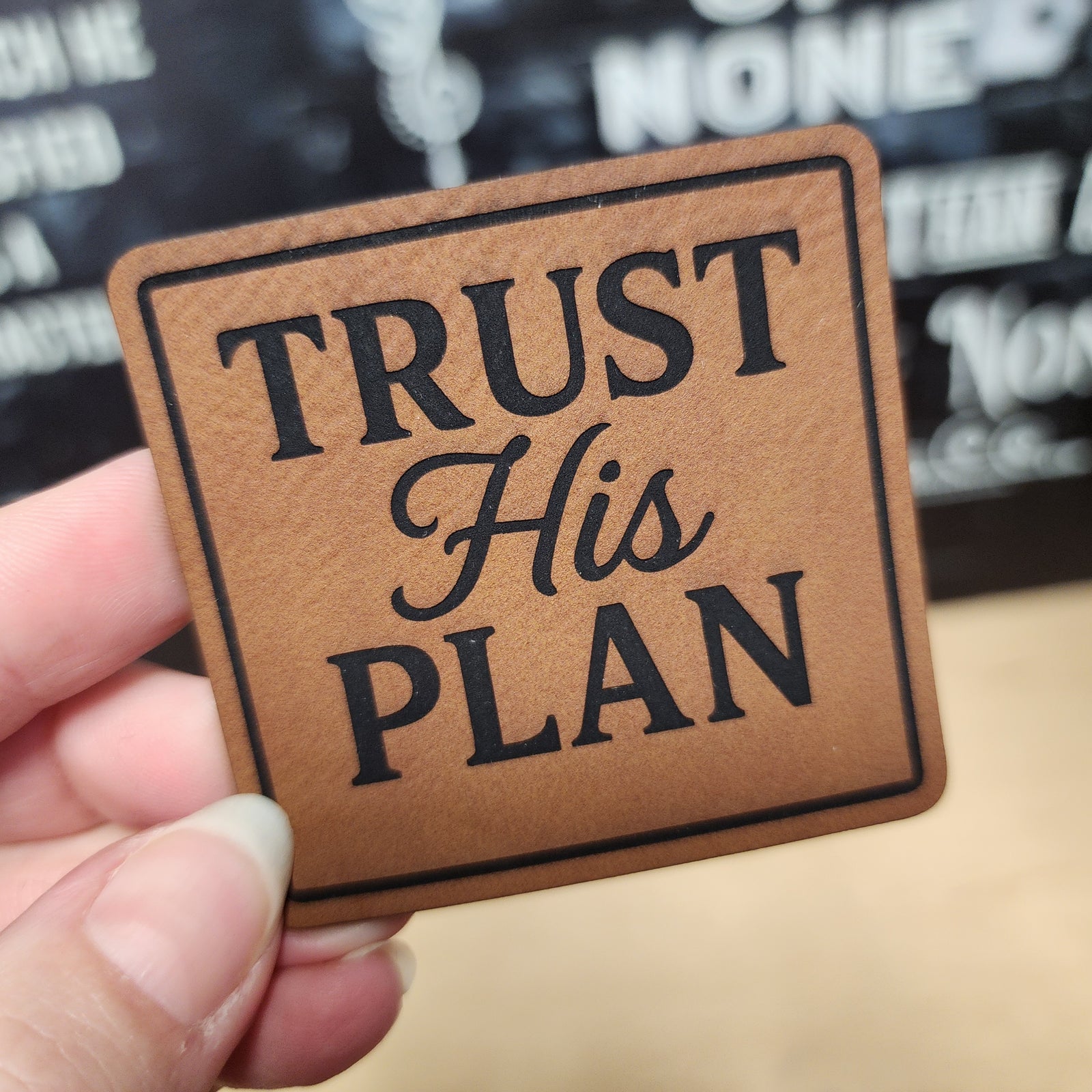 Trust His Plan leatherette hat patch for faith-based accessories and gifts for inspirational living.