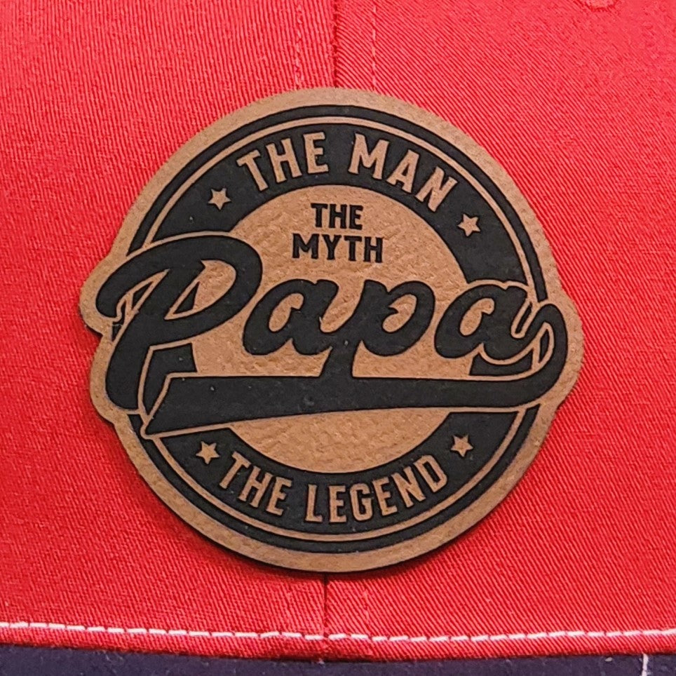 Leatherette hat patch for dad featuring 'Papa, The Man, The Myth, The Legend' design, perfect Father's Day gift.