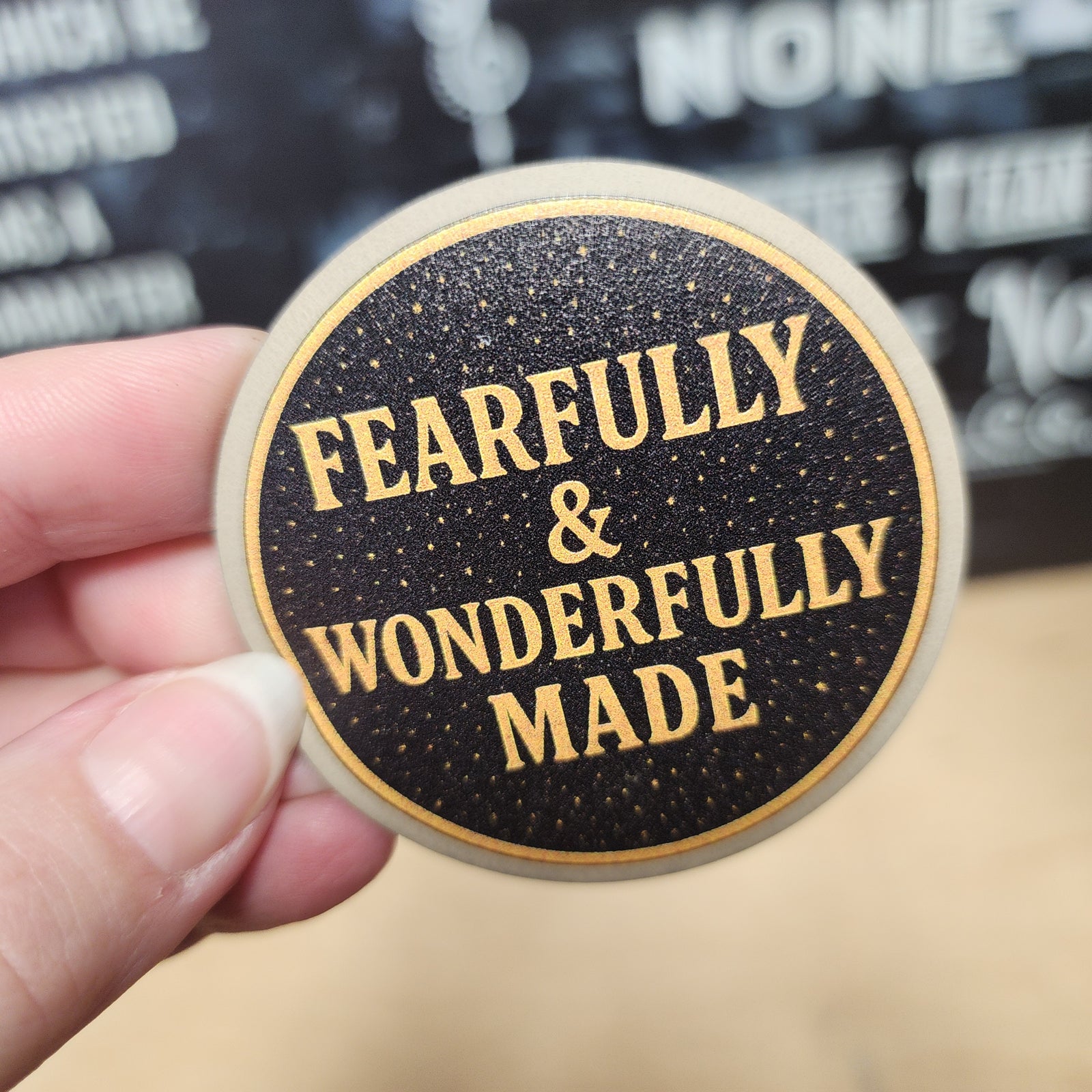 Fearfully & Wonderfully Made leatherette hat patch for inspirational and faith-based apparel.