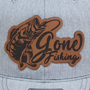 Gone Fishing leatherette hat patch featuring a bass fish design, perfect for fishing enthusiasts and outdoor lovers.