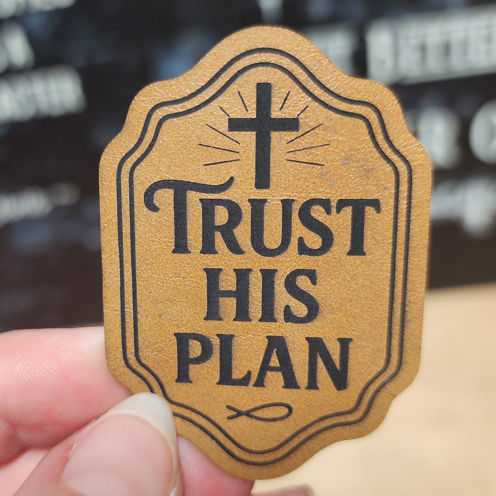 Trust His Plan leatherette hat patch, perfect for hats and faith-based accessories, inspirational Christian gifts.