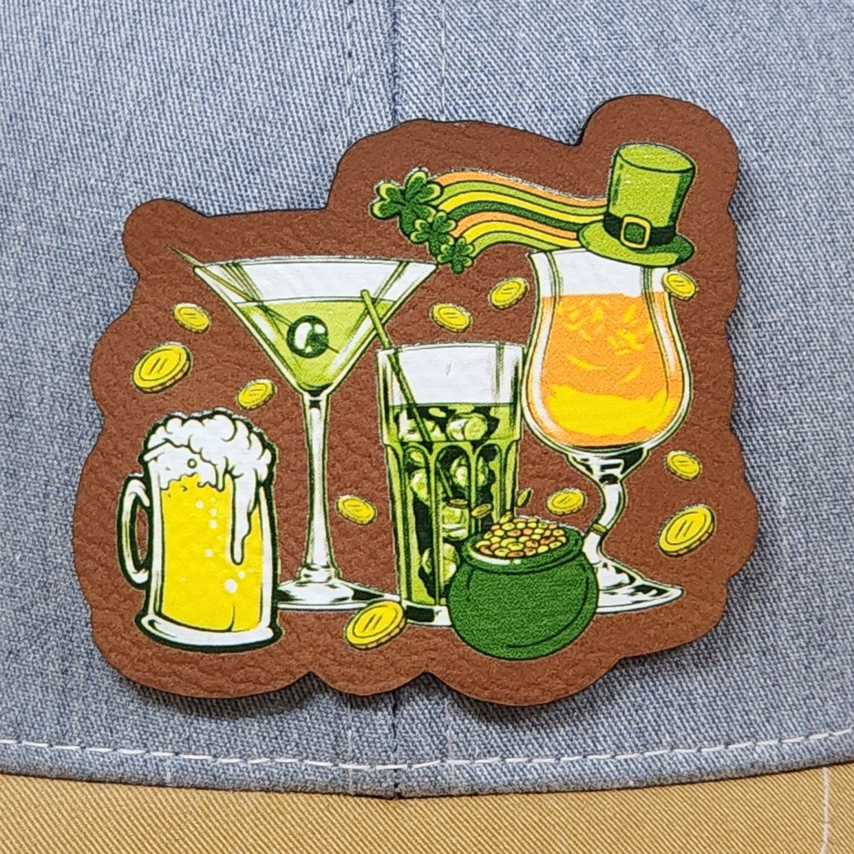 St. Patrick's Day leatherette hat patch featuring festive drinks and gold coins, perfect for holiday celebrations.