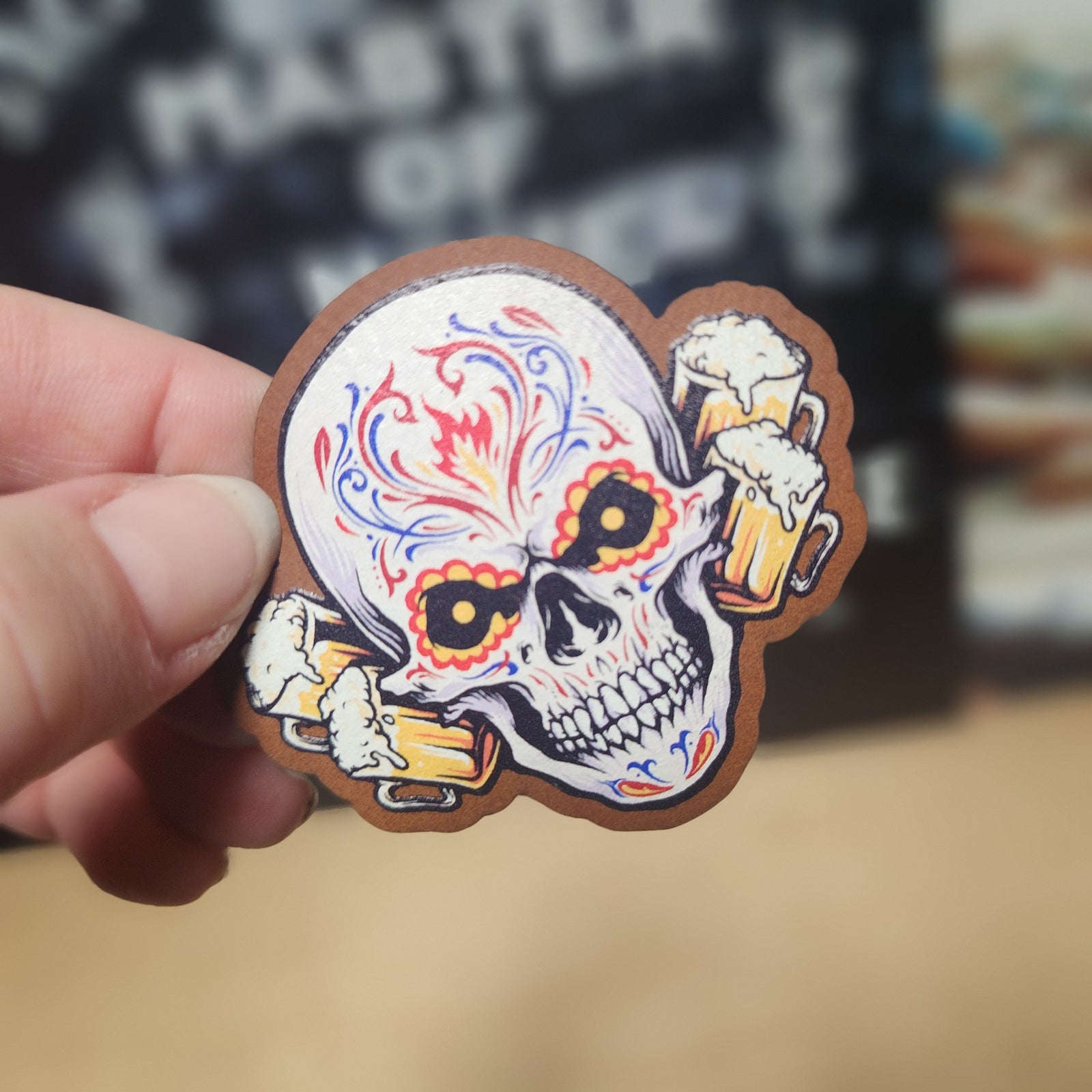 Day of the Dead leatherette hat patch featuring a colorful skull and beer mugs, perfect for festive styles.
