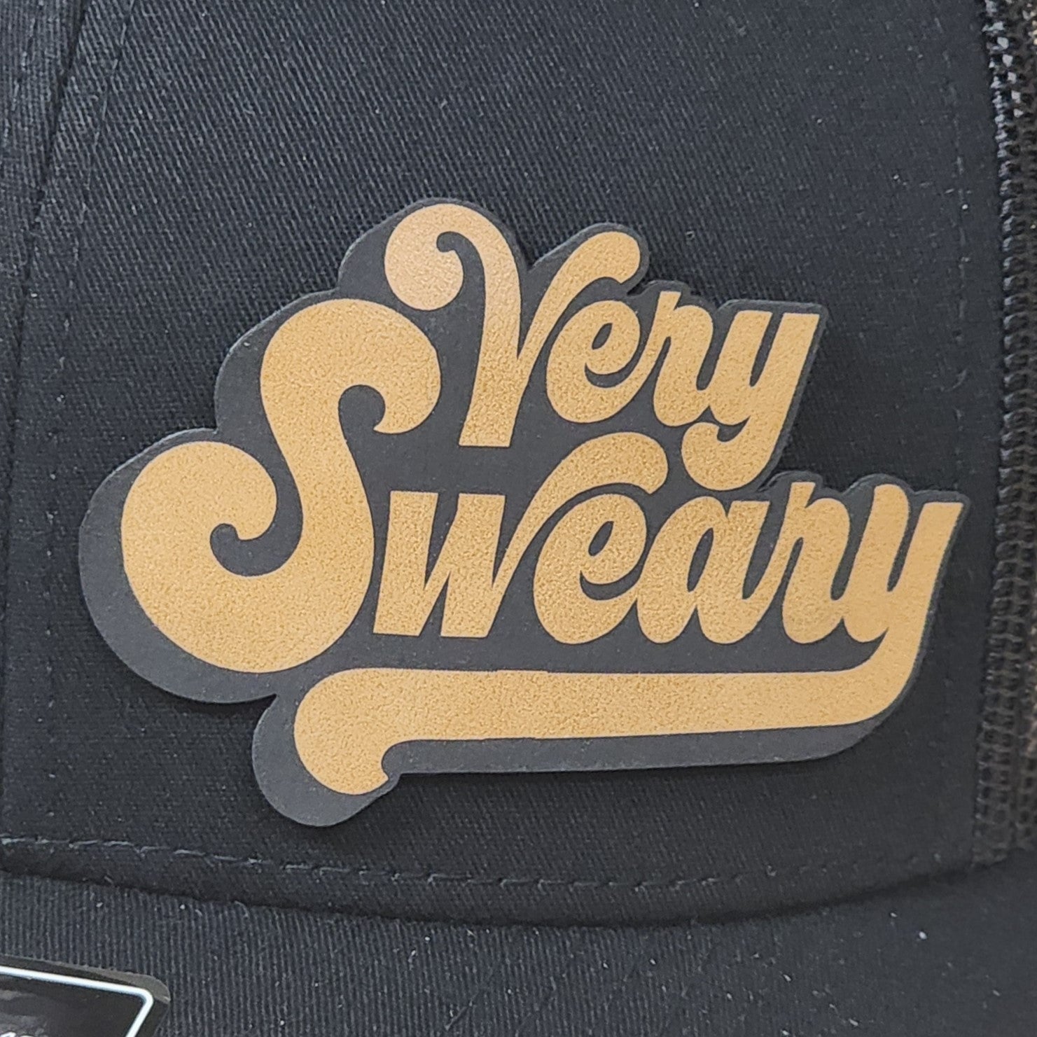 Very Sweary leatherette hat patch for trendy caps, ideal for casual and streetwear enthusiasts.