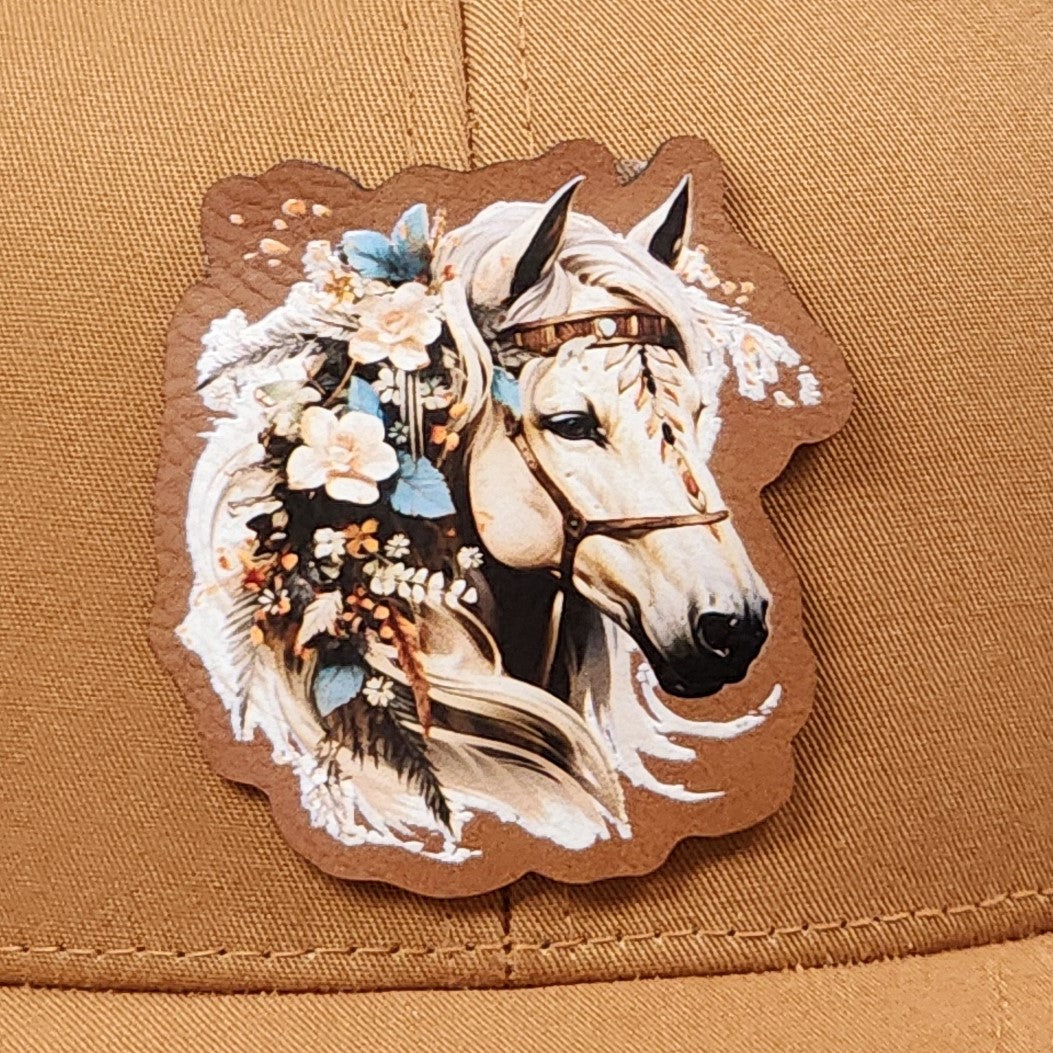 Beautiful horse leatherette hat patch with floral design, perfect for equestrian lovers and stylish headwear.