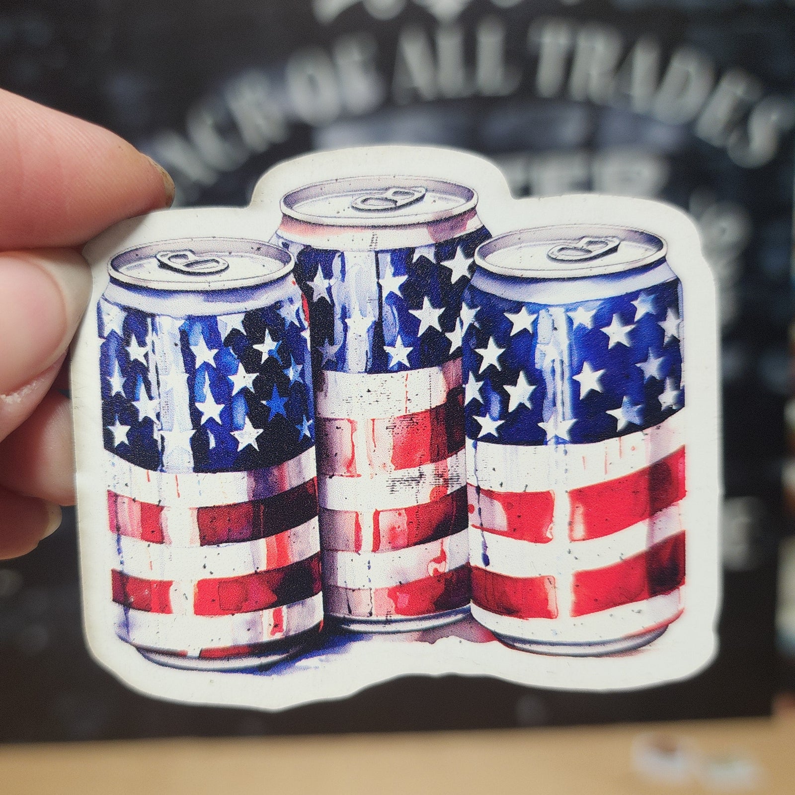 Patriotic beer can leatherette hat patch, perfect for Fourth of July celebrations and summer BBQs.