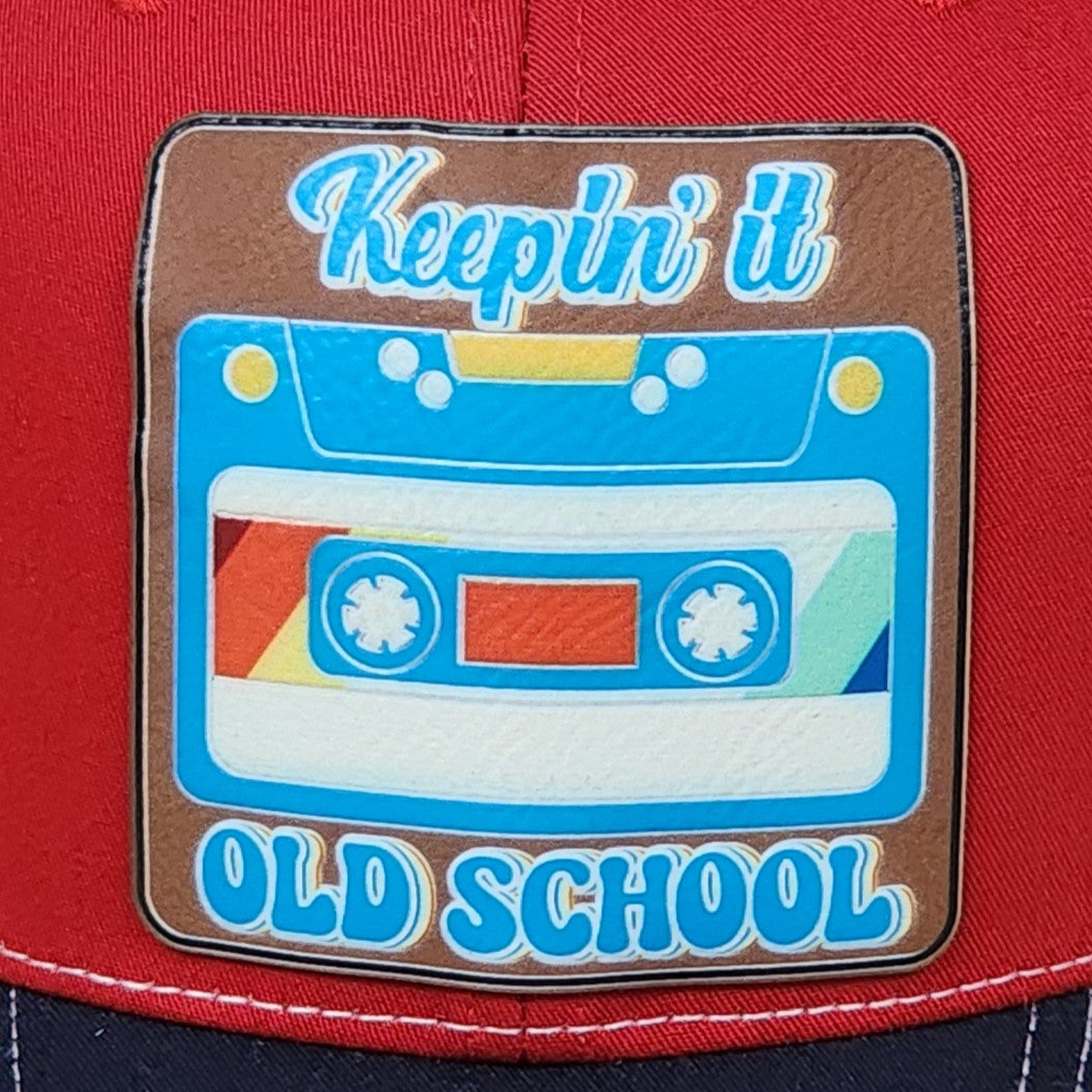 Retro cassette tape leatherette hat patch, Keepin' it Old School, perfect for nostalgic fashion lovers.