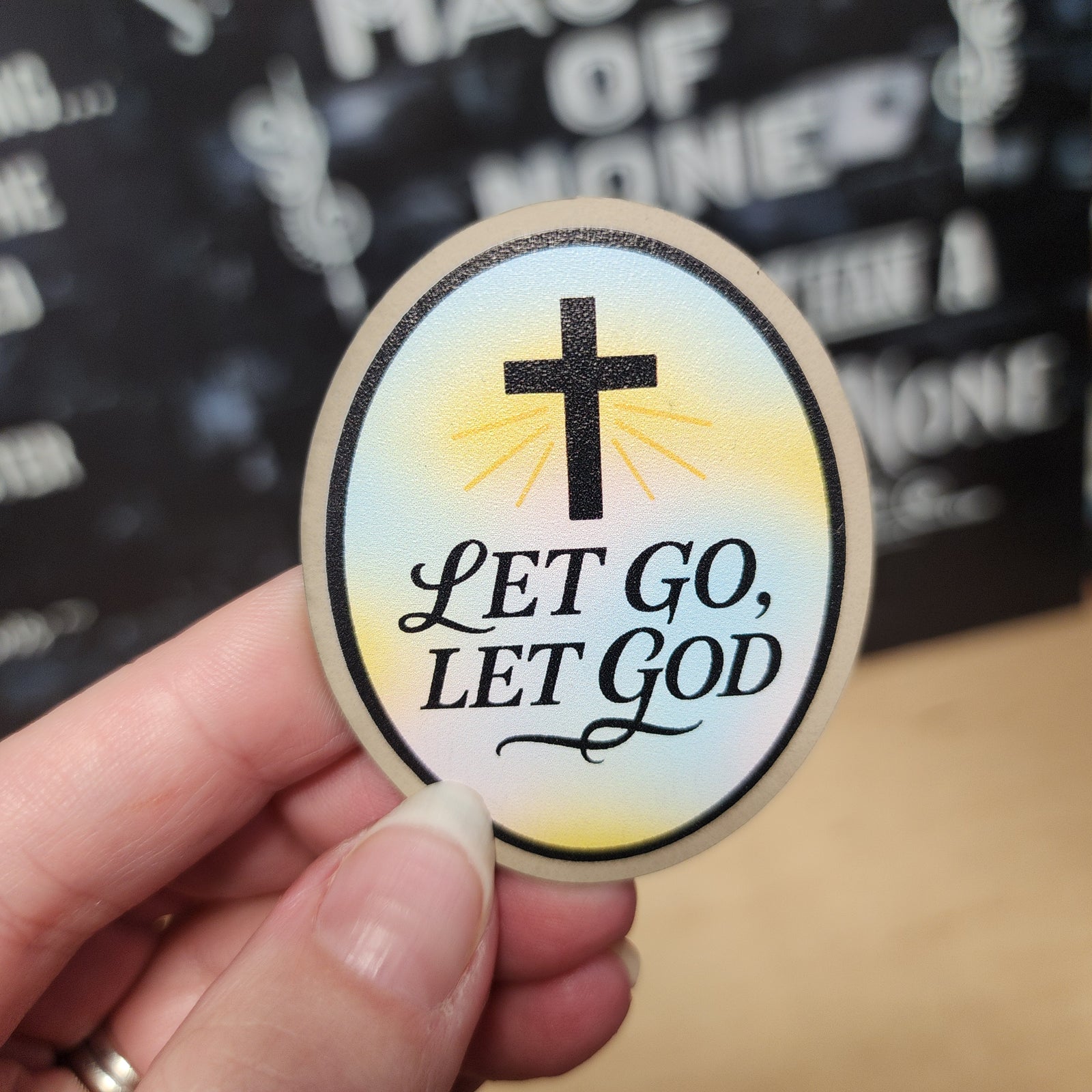 Inspirational leatherette hat patch featuring the phrase 'Let Go, Let God' with a cross, perfect for Christian gifts.