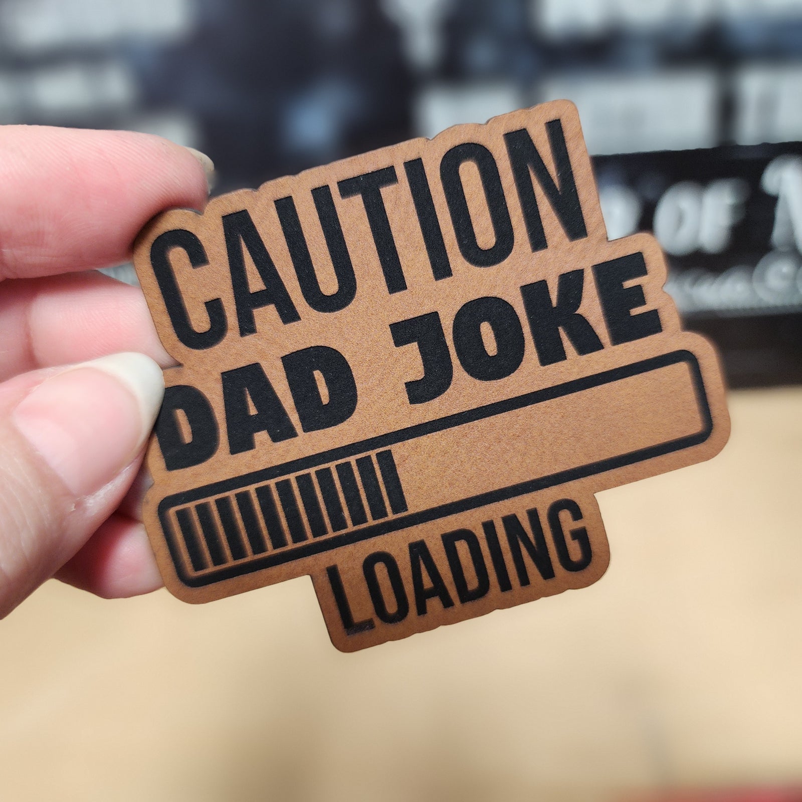 Caution Dad Joke Loading leatherette hat patch, perfect for funny gifts or dad-themed accessories.