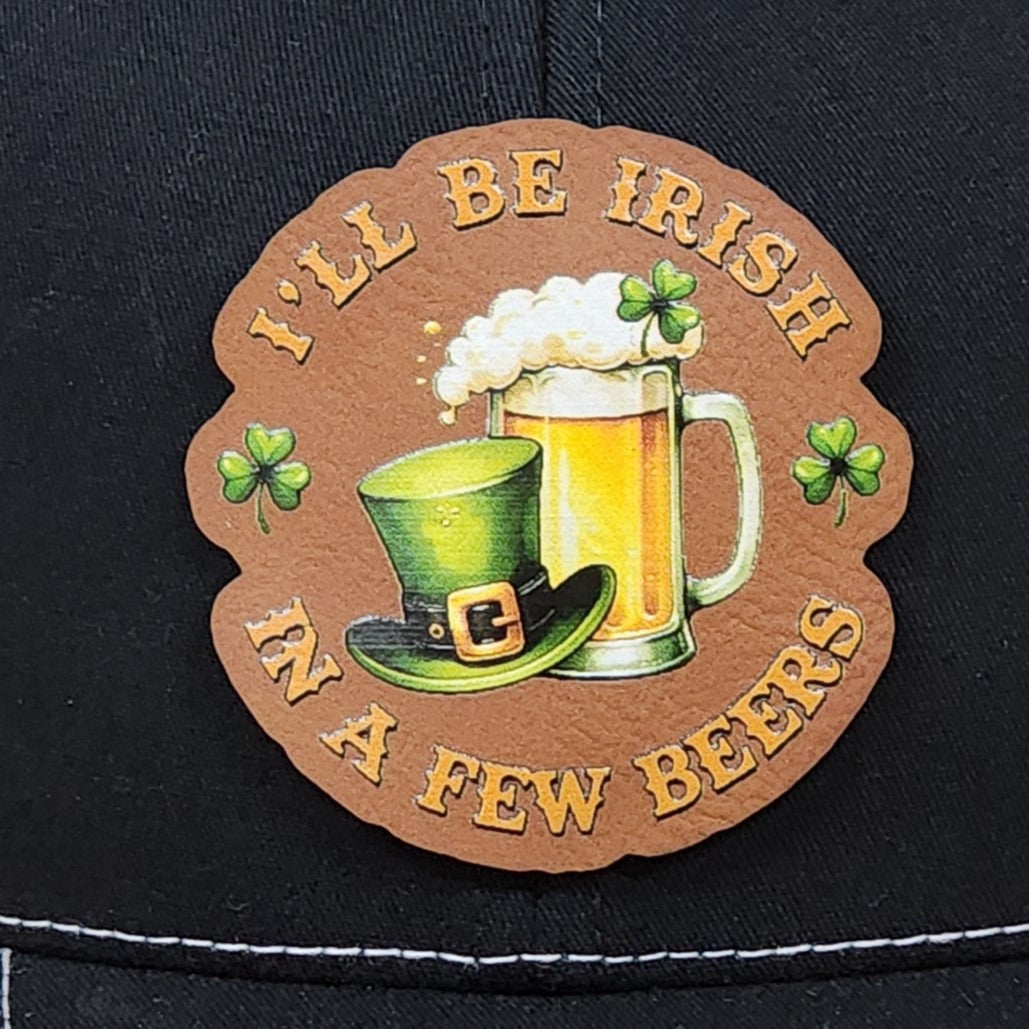 St. Patrick's Day leatherette hat patch with beer and leprechaun hats, perfect for festive celebrations.