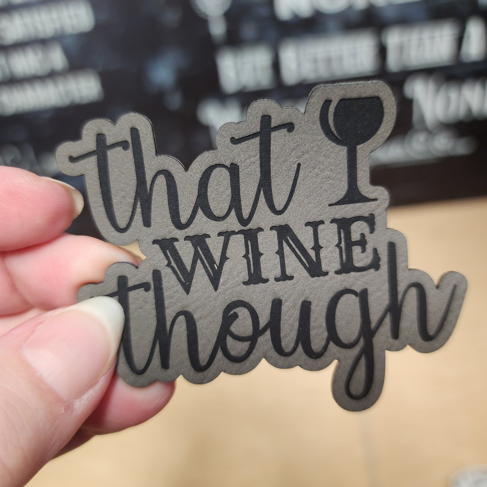 Wine lover leatherette hat patch featuring 'that I WINE though' quote perfect for gifts and party accessories.