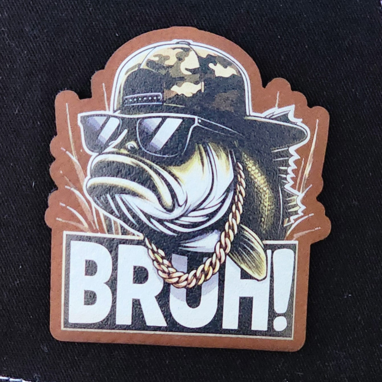 Cool bass fish leatherette hat patch with sunglasses and chain, perfect for outdoor and fishing enthusiasts.