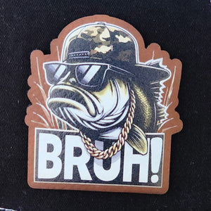 Cool bass fish leatherette hat patch with sunglasses and chain, perfect for outdoor and fishing enthusiasts.