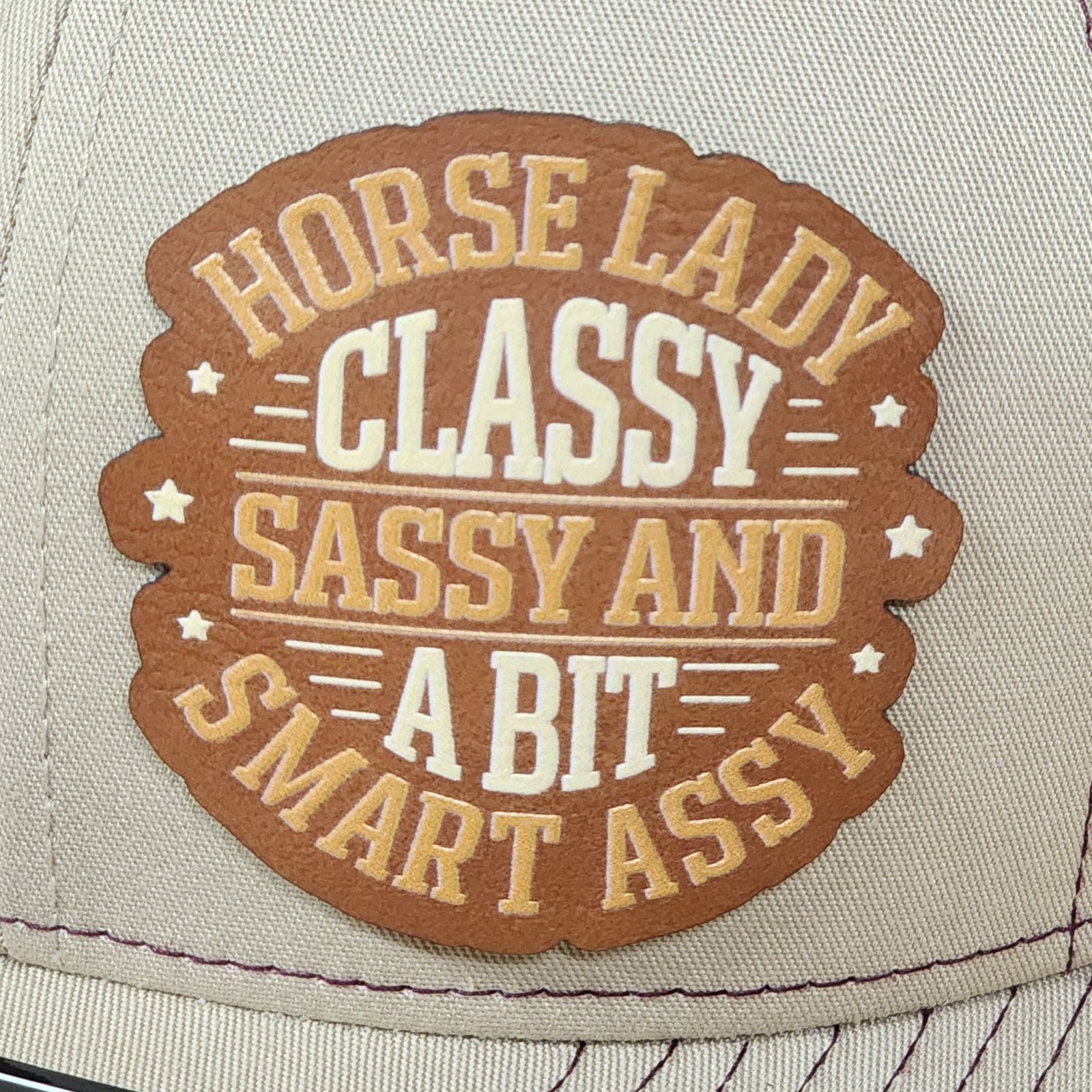 Horse lady leatherette hat patch featuring classy, sassy, and smart assy design for horse lovers.