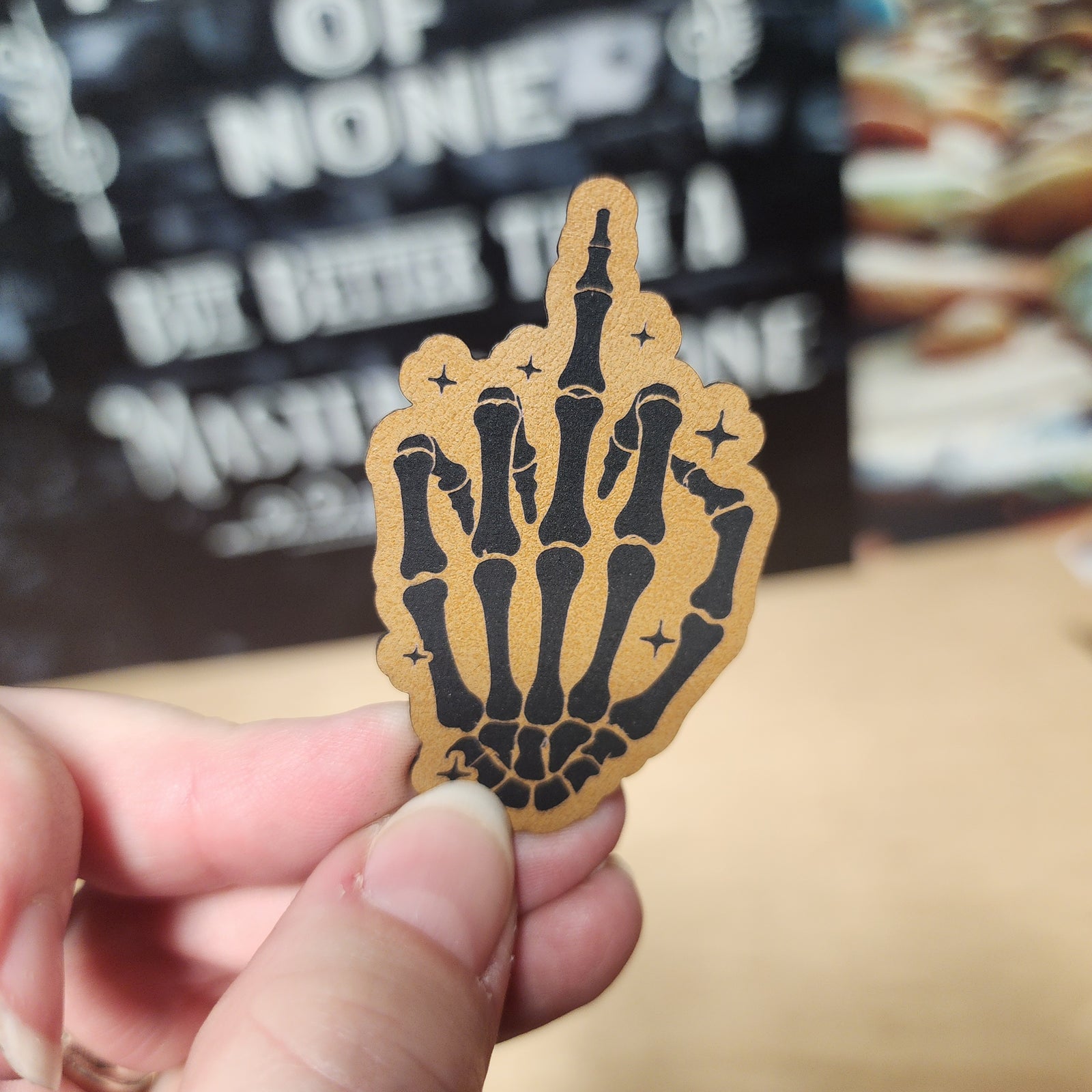 Skeleton hand leatherette hat patch for Halloween or edgy accessory lovers, perfect for decorating caps.