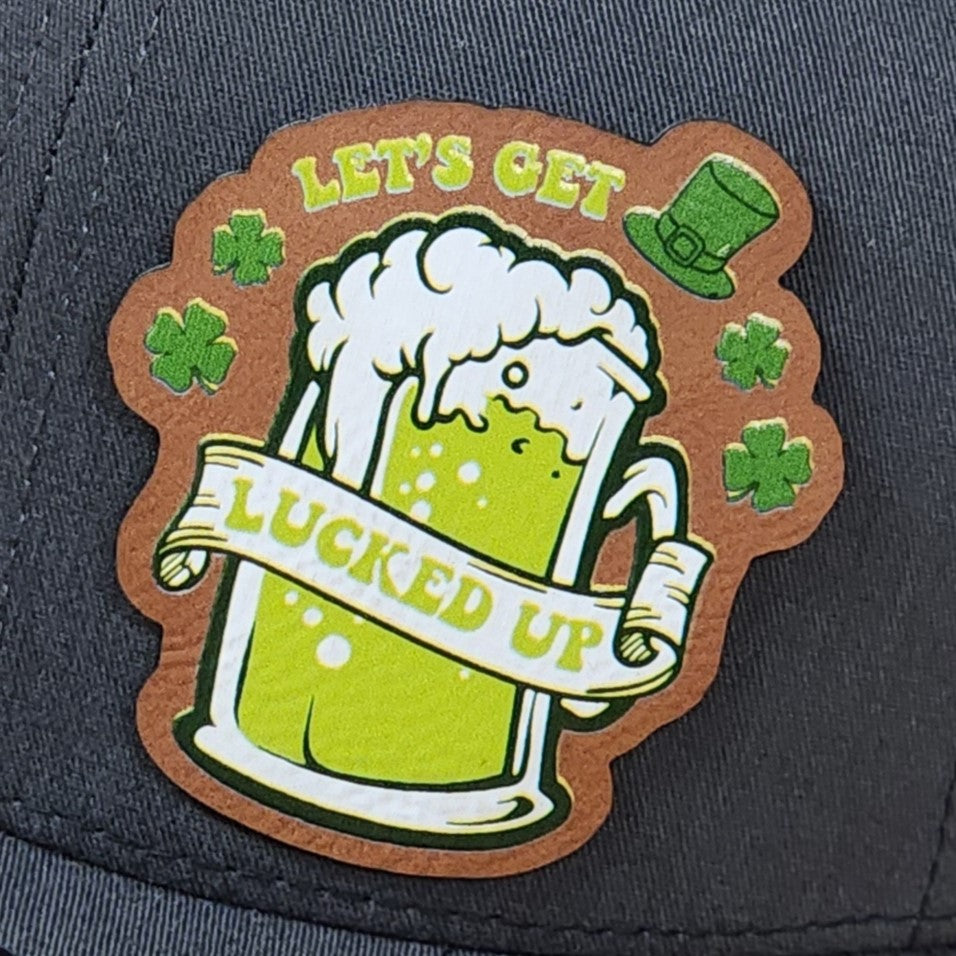 St. Patrick's Day leatherette hat patch featuring a beer mug and clovers, perfect for festive celebrations.