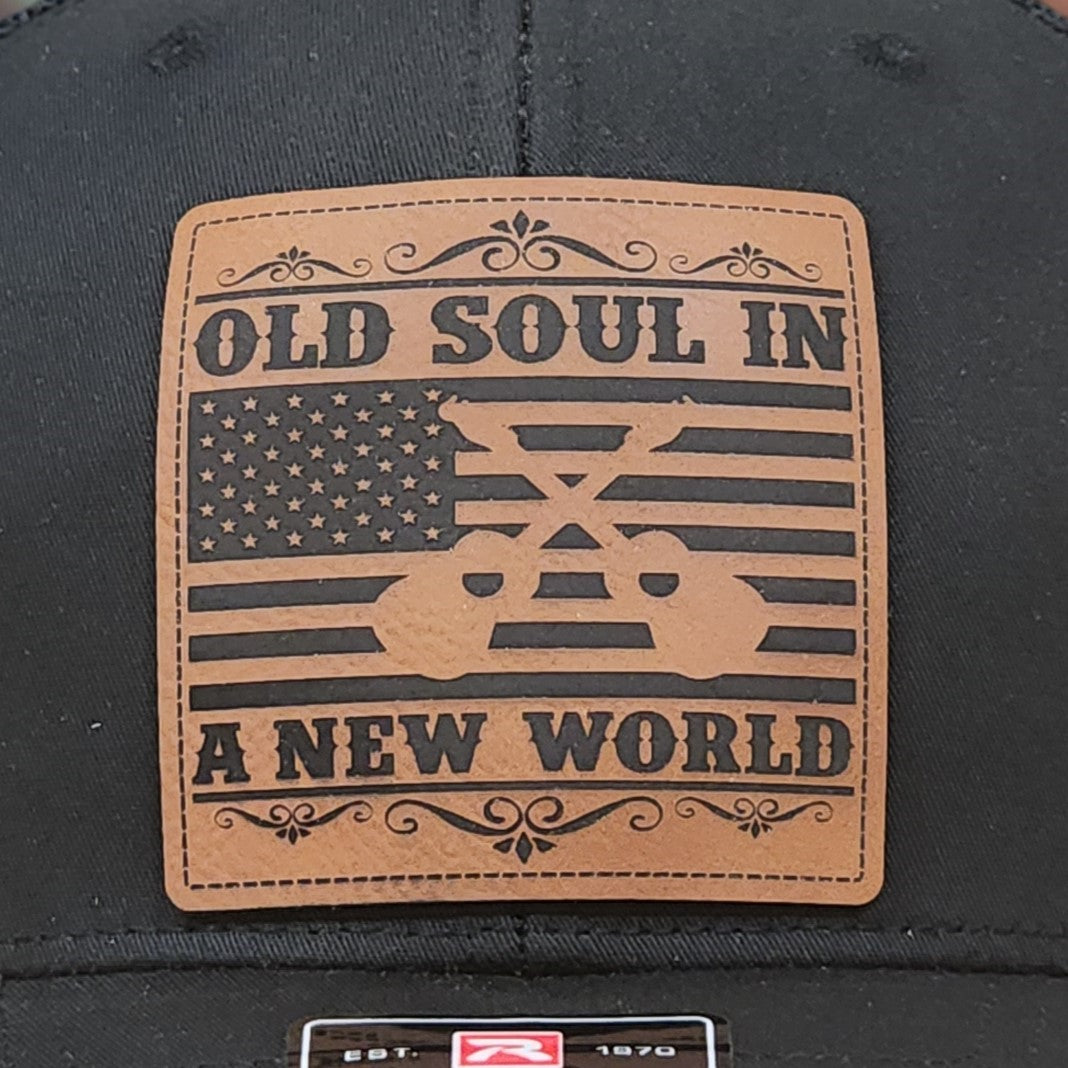 Old Soul in a New World leatherette hat patch with Americana design, perfect for vintage style hat enthusiasts.