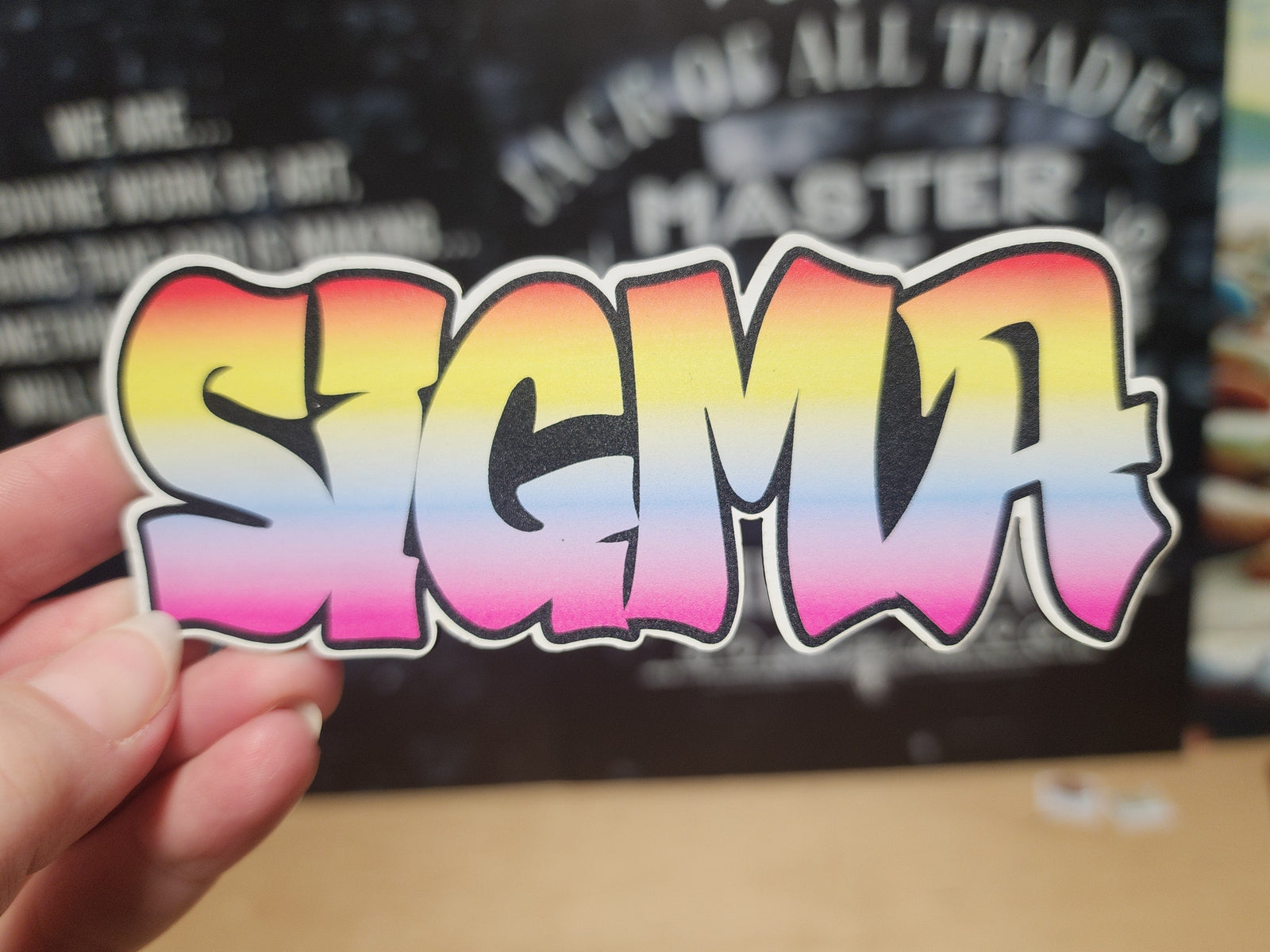 Sigma colorful leatherette patch, vibrant graffiti-style design for hats and accessories, perfect for stylish customization.