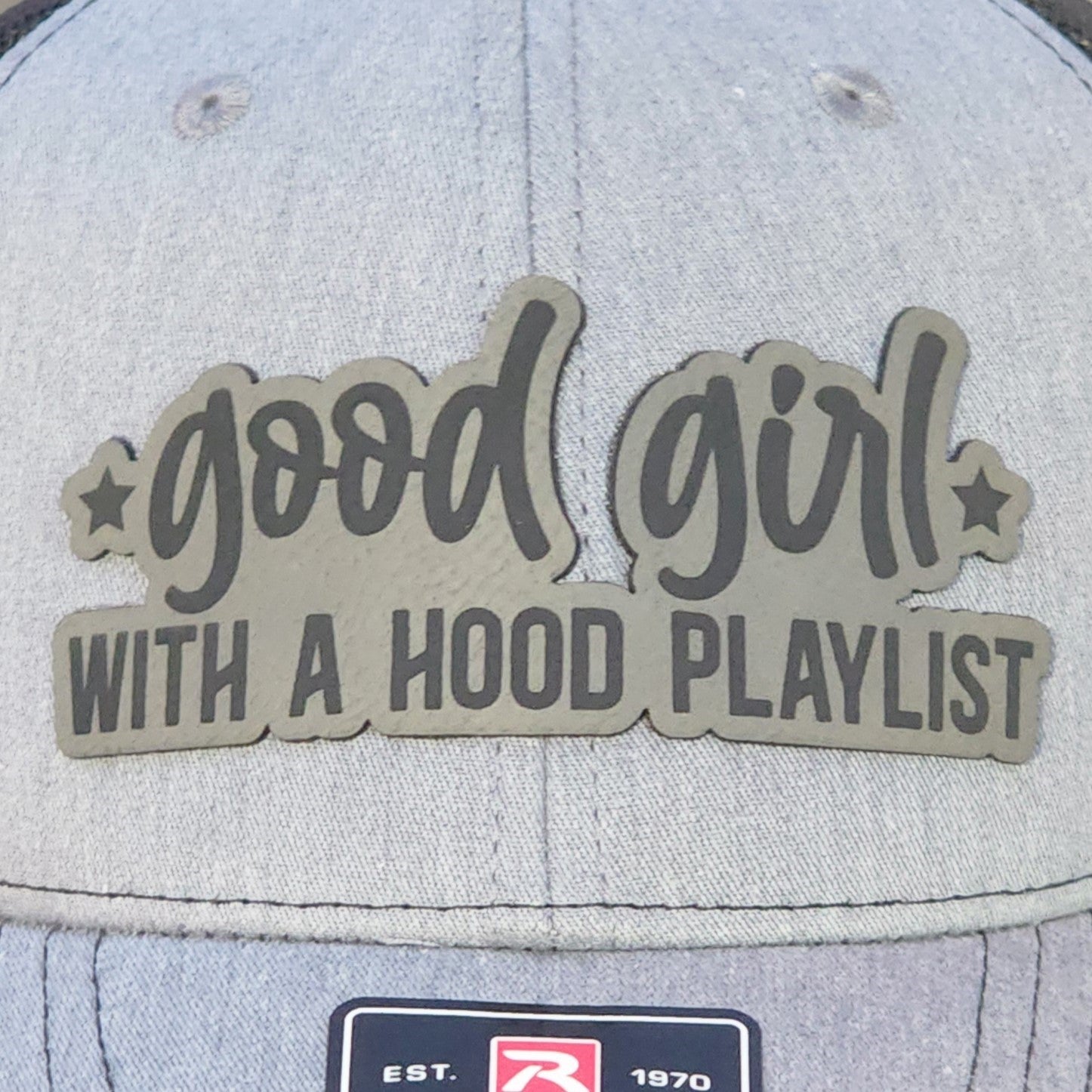 Good Girl with a Hood Playlist leatherette hat patch, trendy headwear accessory for casual style lovers.