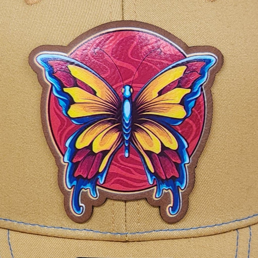 Colorful butterfly leatherette hat patch for stylish hats, vibrant fashion accessory for all occasions