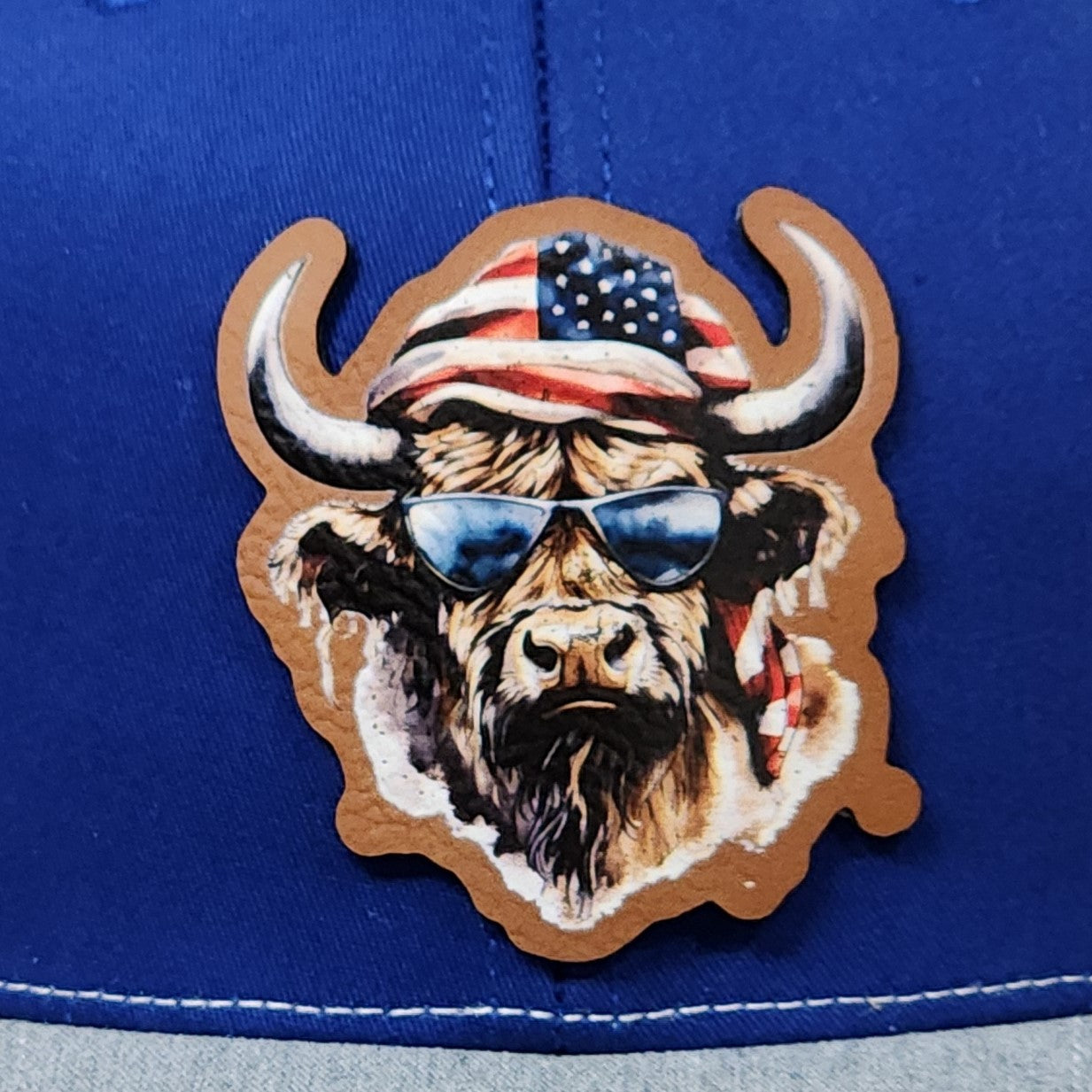 American flag buffalo leatherette hat patch with sunglasses for rugged style and patriotic flair.