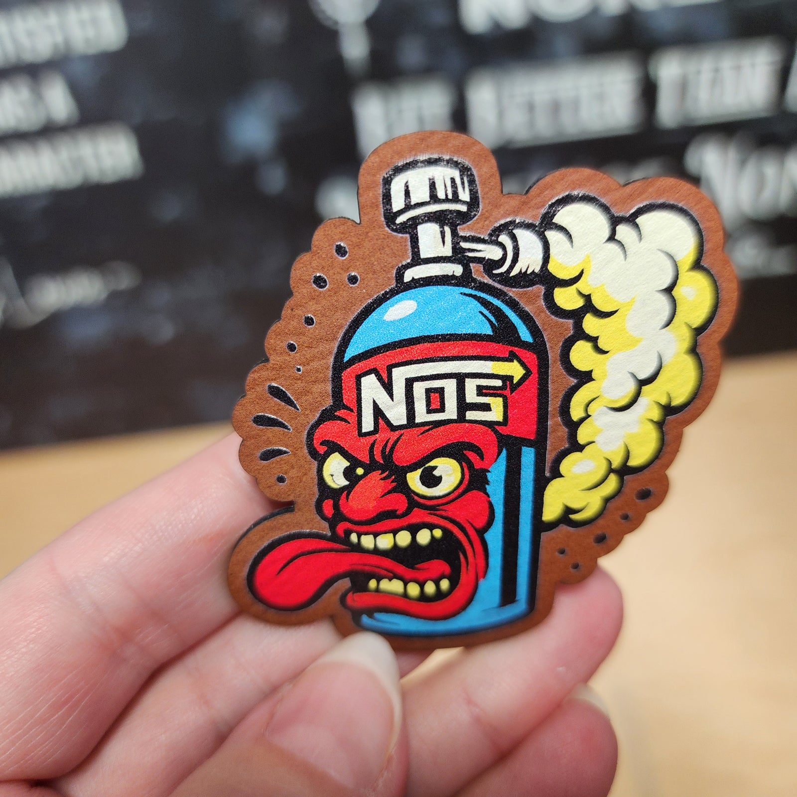 NOS gas can hat patch with angry red cartoon character, perfect for automotive enthusiasts and racing fans.