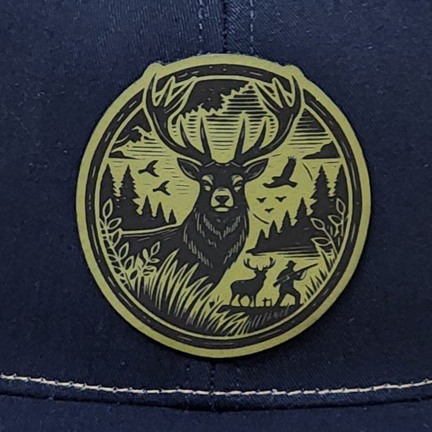 Forest deer leatherette hat patch featuring a majestic stag with antlers and two deer, perfect for outdoor enthusiasts.