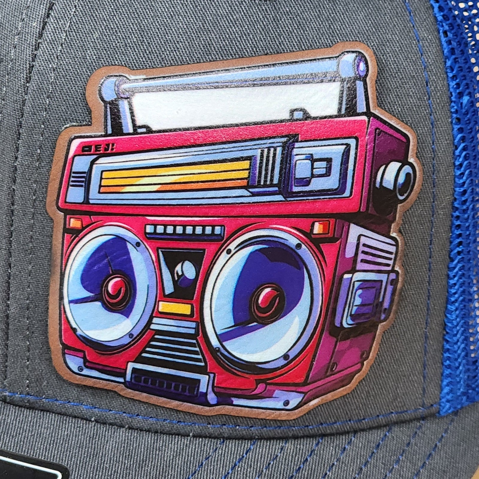 Vintage boombox leatherette hat patch for music lovers, perfect for retro-style cap enthusiasts.