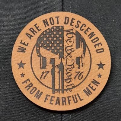 Patriotic leatherette hat patch with skull and US flag, 'We Are Not Descended From Fearful Men' design.