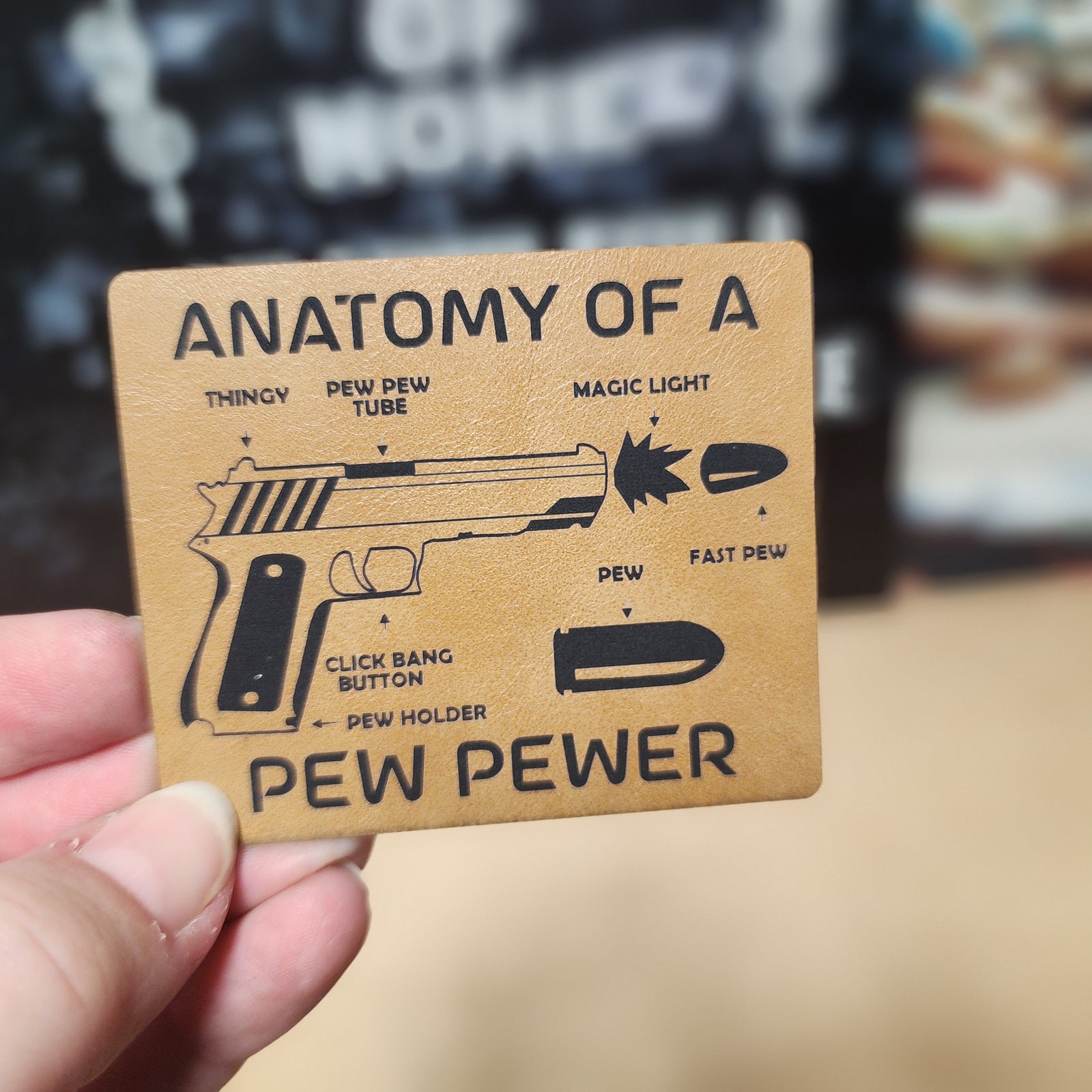 Anatomy of a Pew Pew handgun leatherette patch, perfect for gun enthusiasts and unique gift ideas.