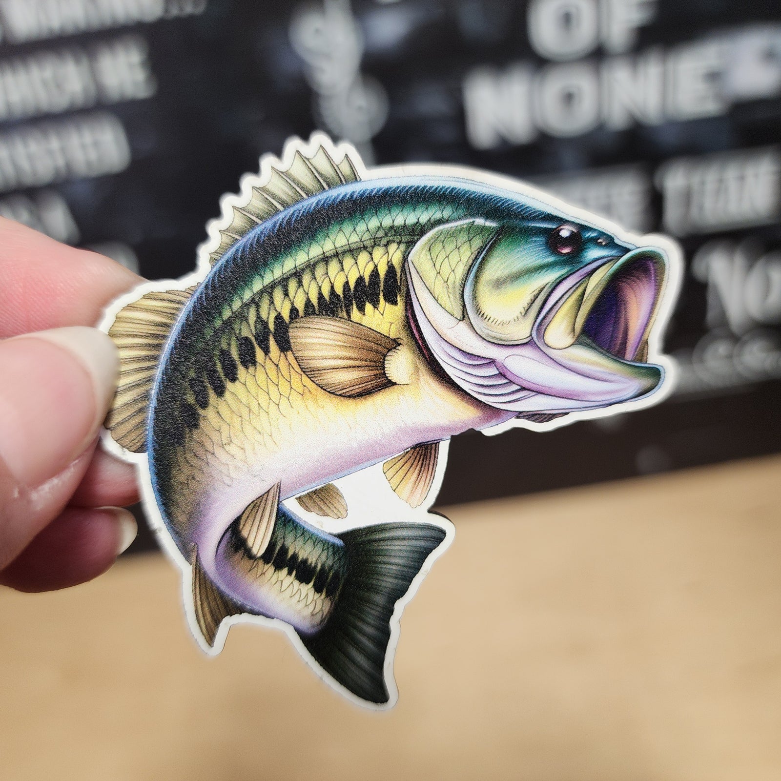 Bass fish leatherette patch, vibrant design perfect for anglers and fishing enthusiasts, unique lifestyle accessory.