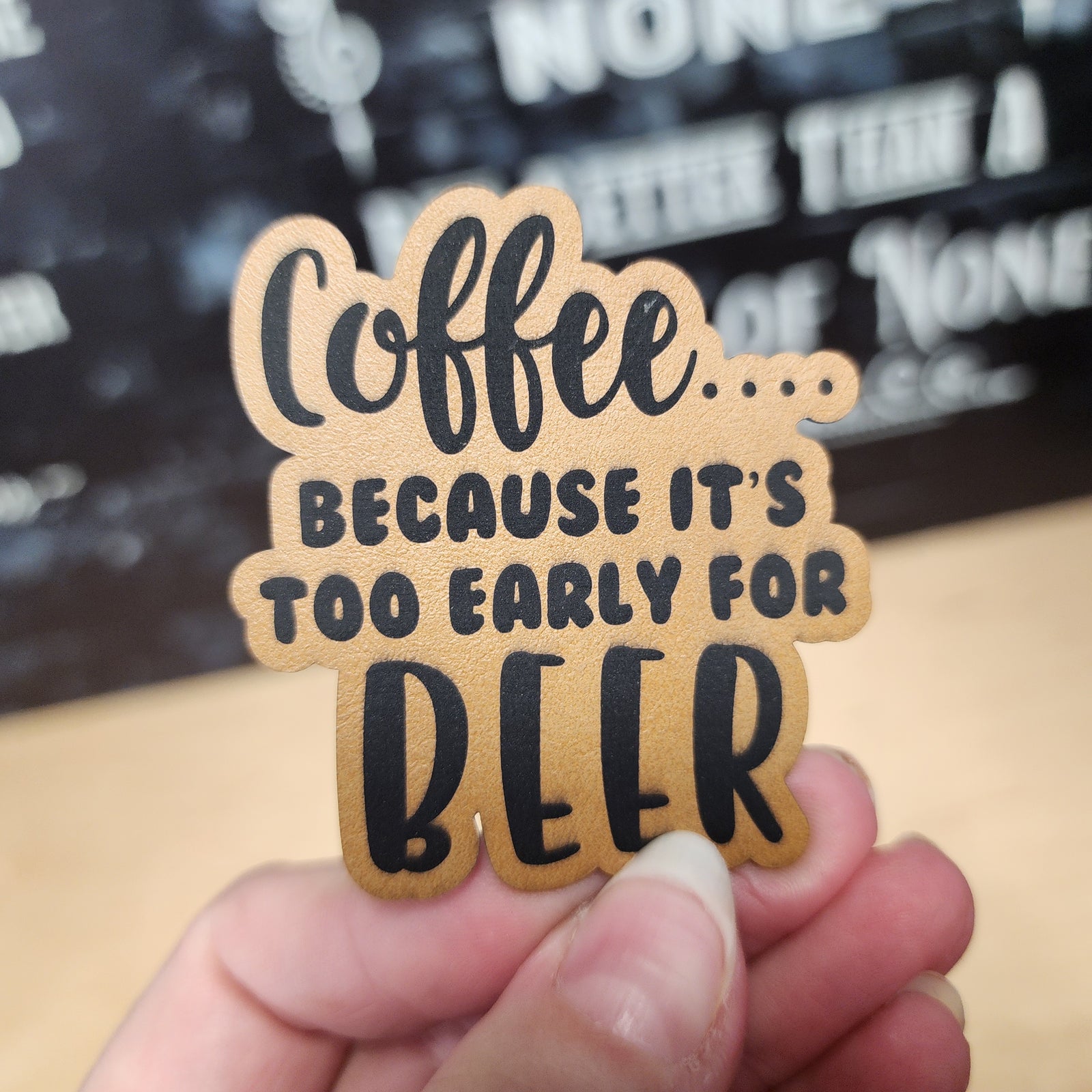 Coffee leatherette hat patch, fun coffee quote patch for beer lovers, cute accessory for hats.