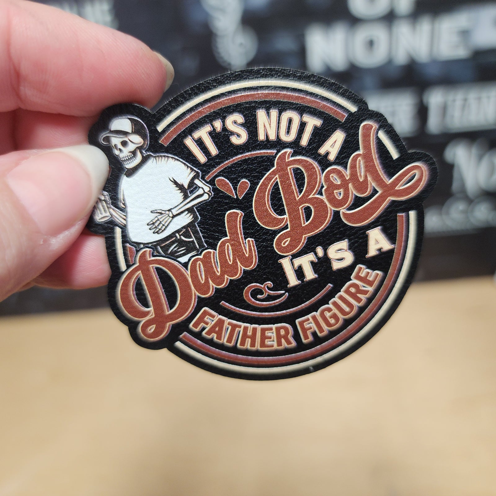 Dad Bod leatherette hat patch featuring a skeleton and humorous Father Figure design for stylish dads.