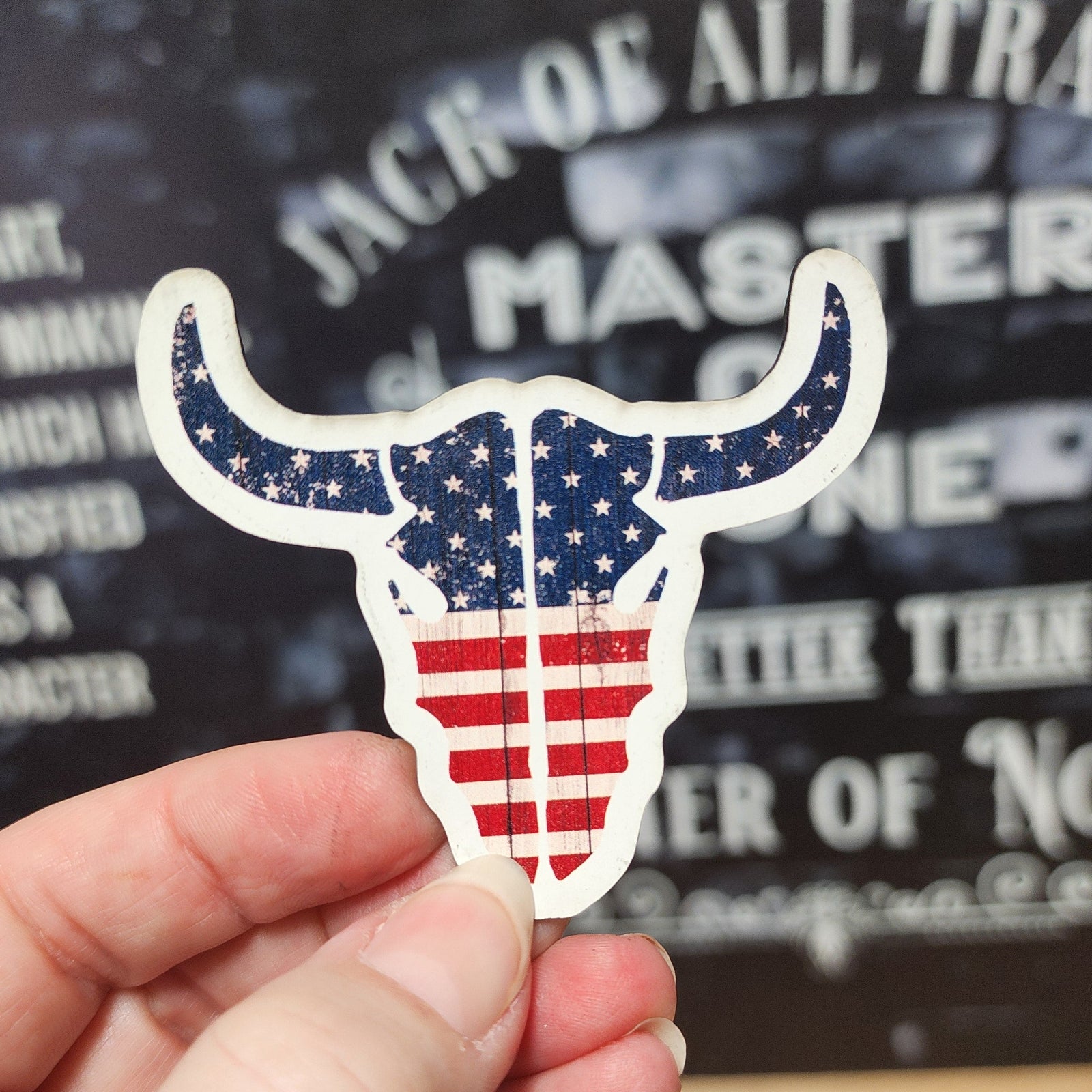 USA flag leatherette hat patch featuring a longhorn skull for patriotic western style accessories.