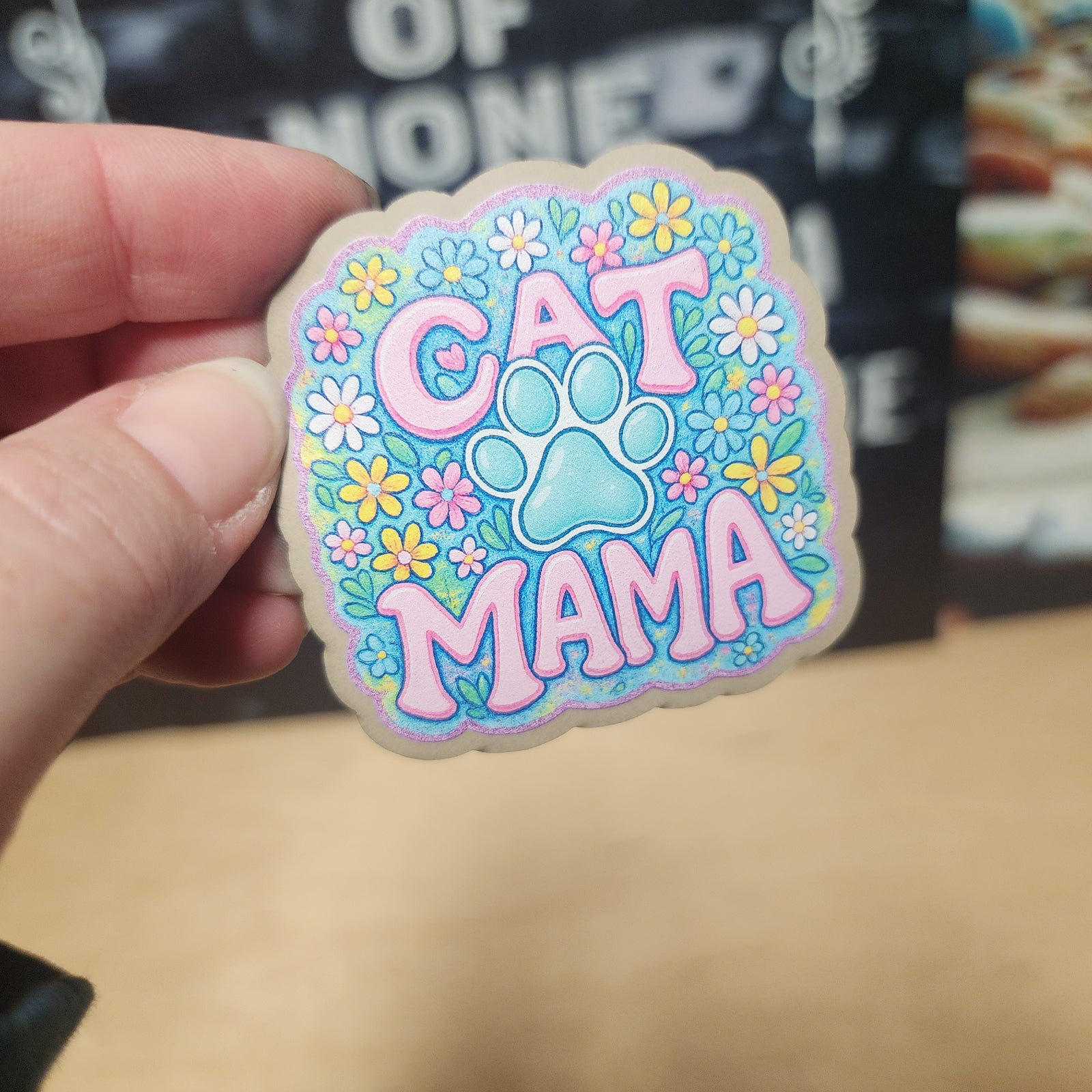 Cute Cat Mama leatherette hat patch with floral design and paw print, perfect for cat lovers and stylish accessories.