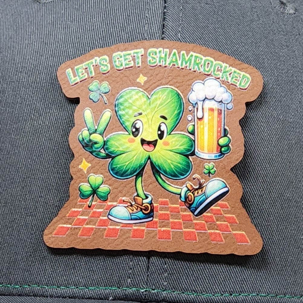 St. Patrick's Day leatherette hat patch featuring a cheerful shamrock with beer, perfect for festive celebrations.